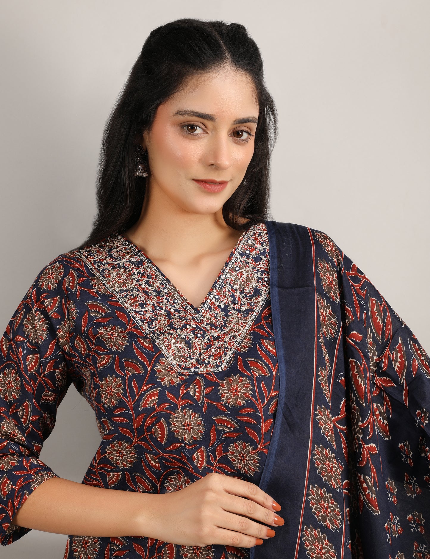 NAVY BLUE BLOCK PRINT COTTON STARIGHT SUIT