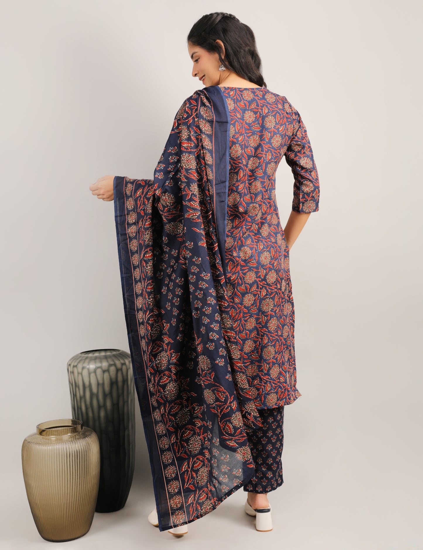 NAVY BLUE BLOCK PRINT COTTON STARIGHT SUIT