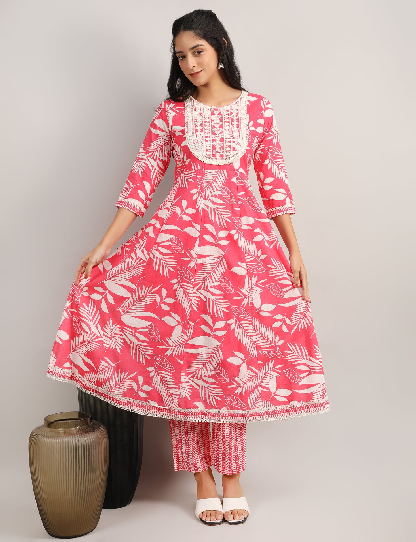 RANI PINK COTTON PRINT ANARKALI SUIT