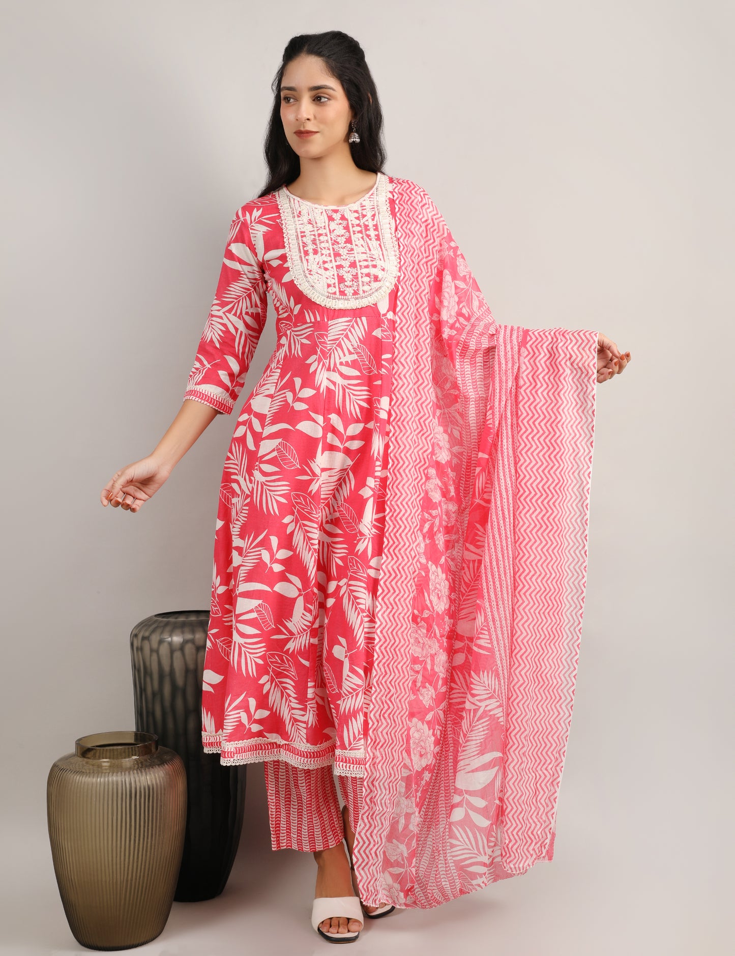 RANI PINK COTTON PRINT ANARKALI SUIT