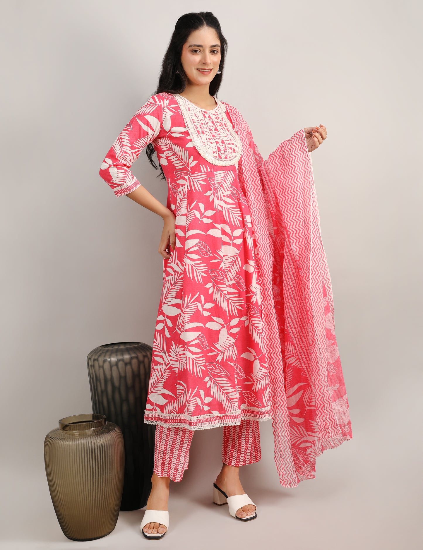 RANI PINK COTTON PRINT ANARKALI SUIT