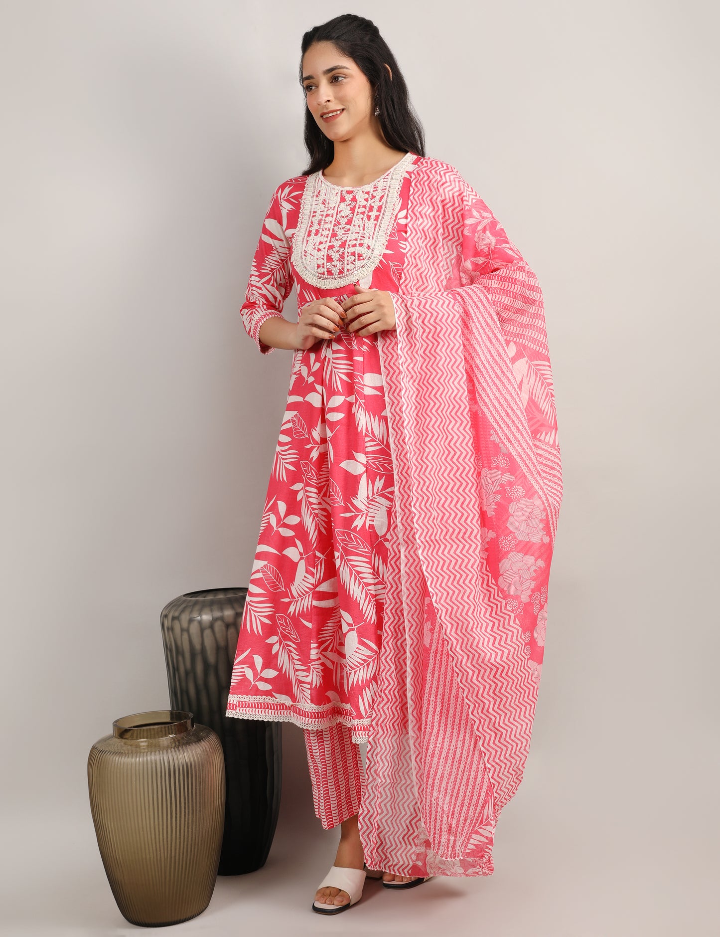 RANI PINK COTTON PRINT ANARKALI SUIT