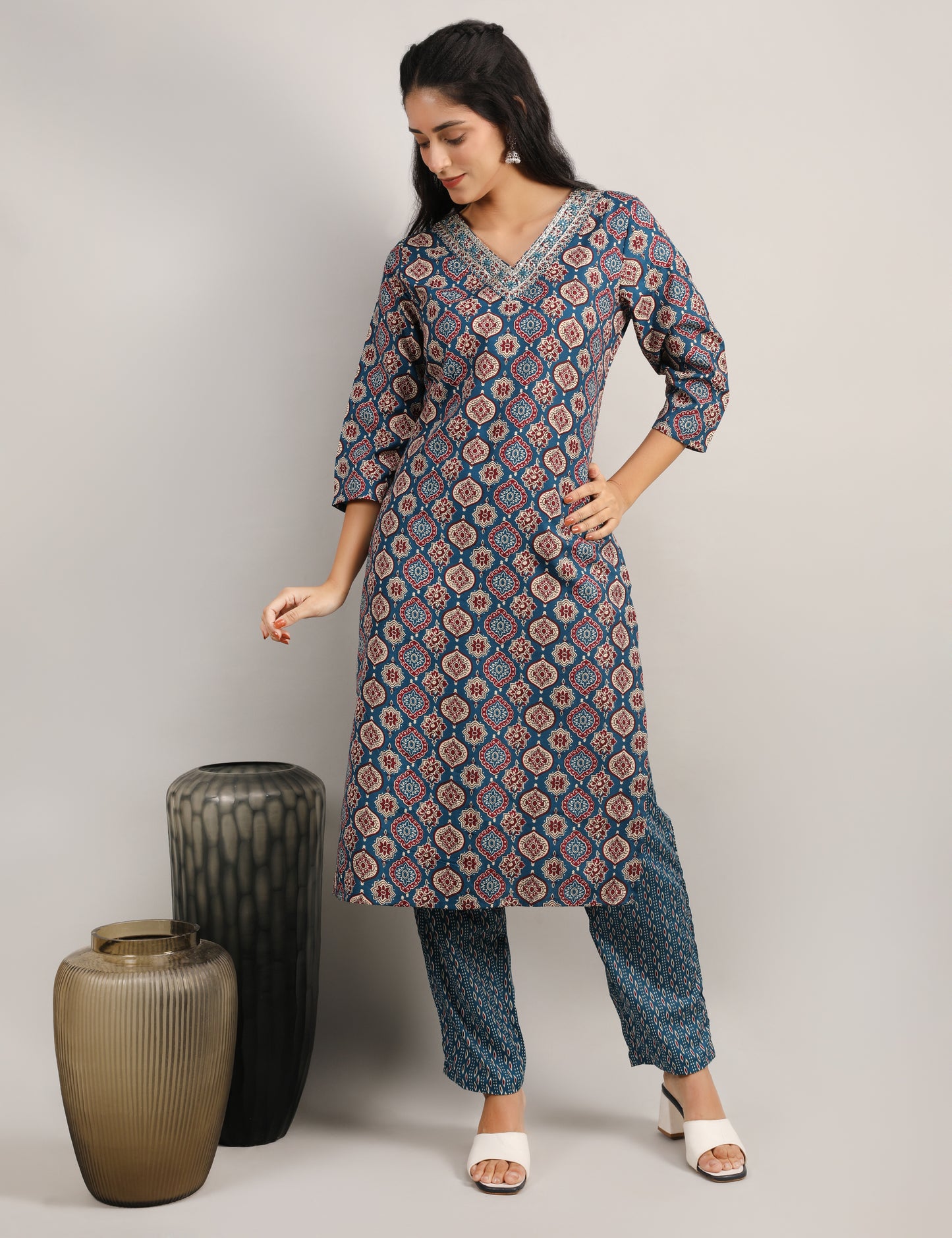 PEOCOCK BLUE COTTON BLOCK PRINT STARIGHT SUIT