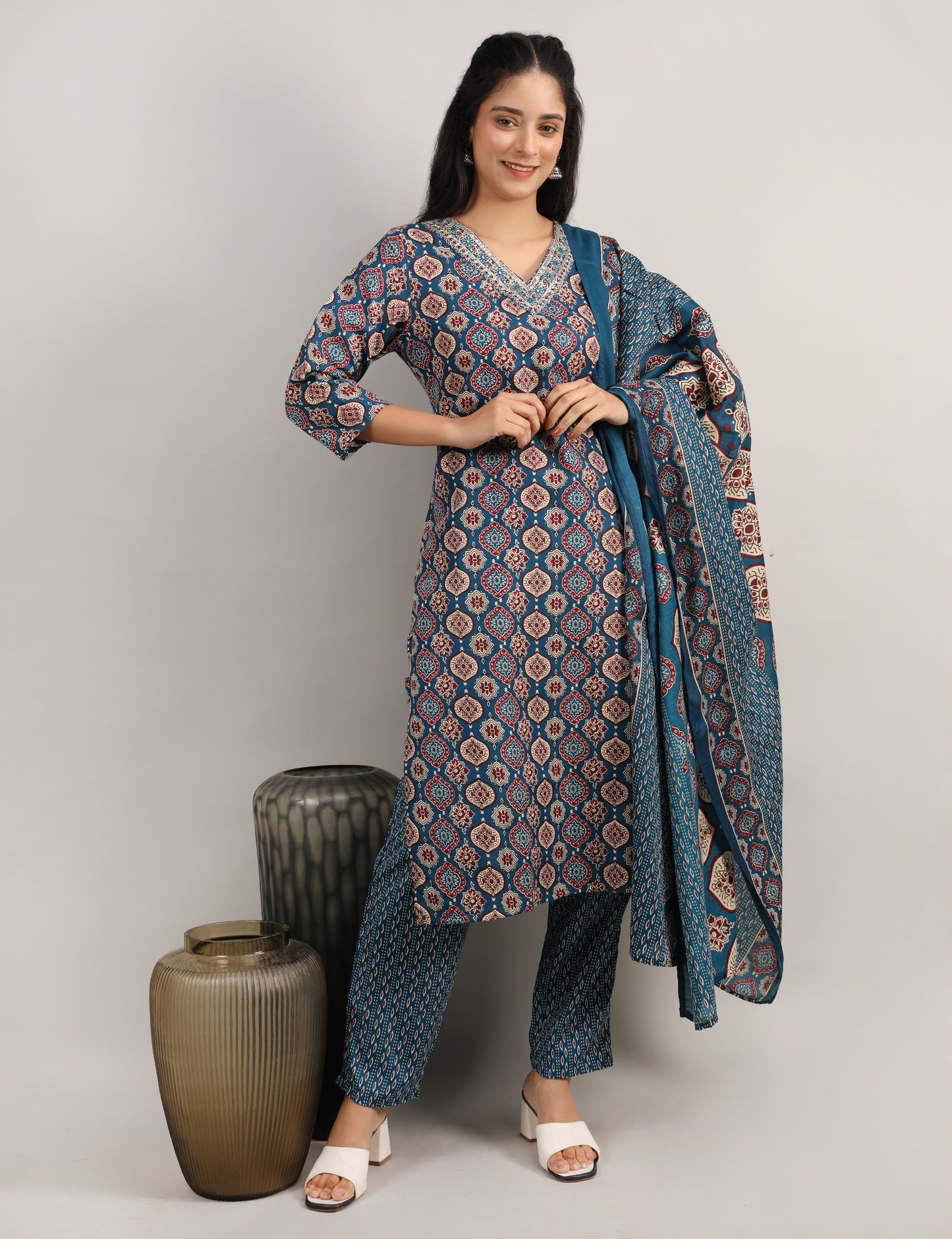 PEOCOCK BLUE COTTON BLOCK PRINT STARIGHT SUIT