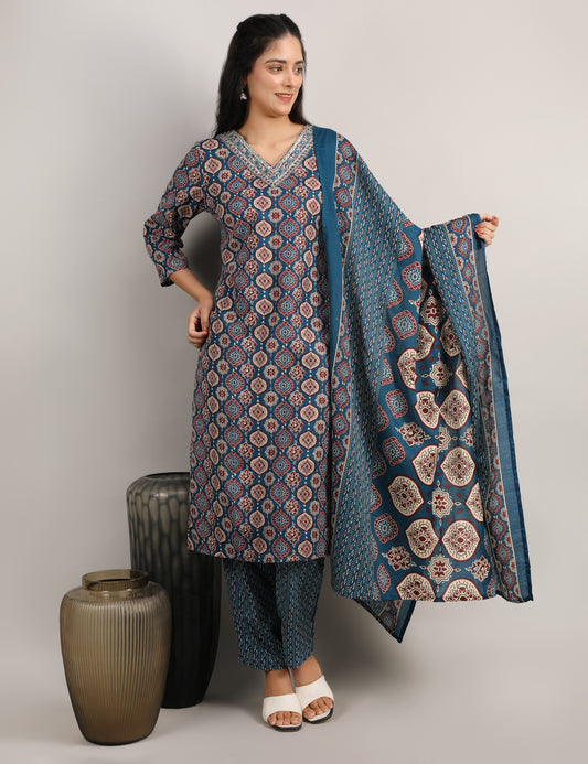 PEOCOCK BLUE COTTON BLOCK PRINT STARIGHT SUIT