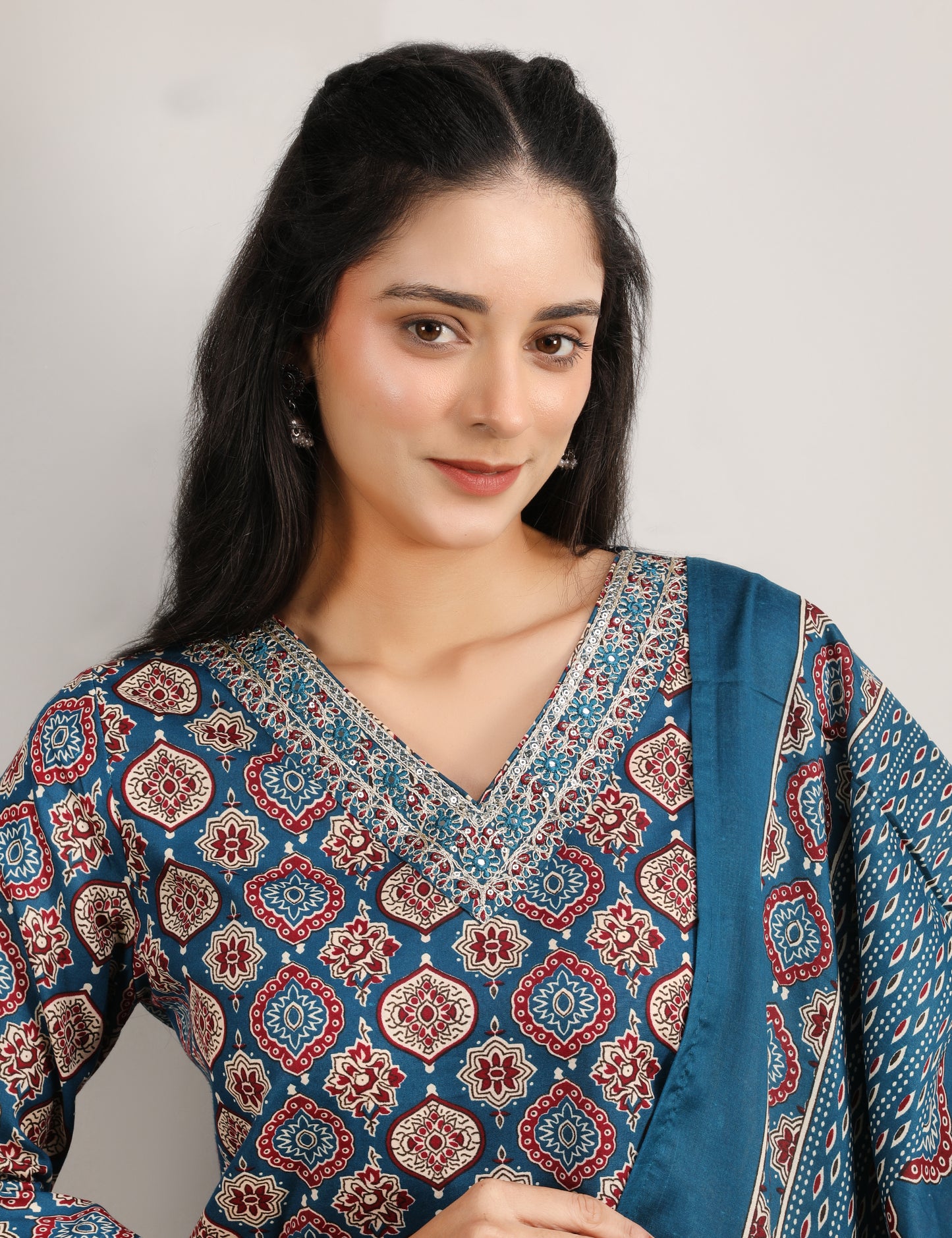 PEOCOCK BLUE COTTON BLOCK PRINT STARIGHT SUIT