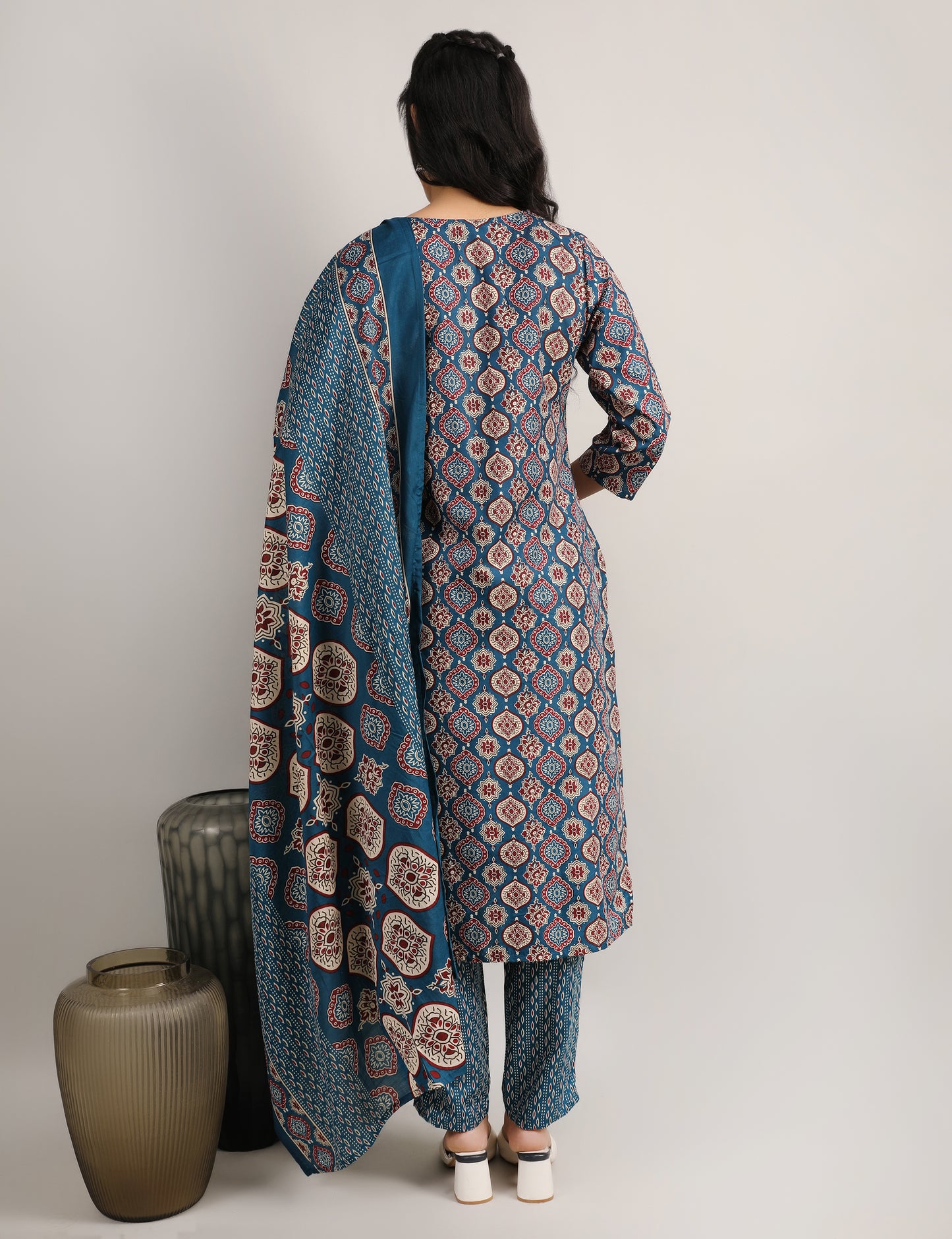 PEOCOCK BLUE COTTON BLOCK PRINT STARIGHT SUIT