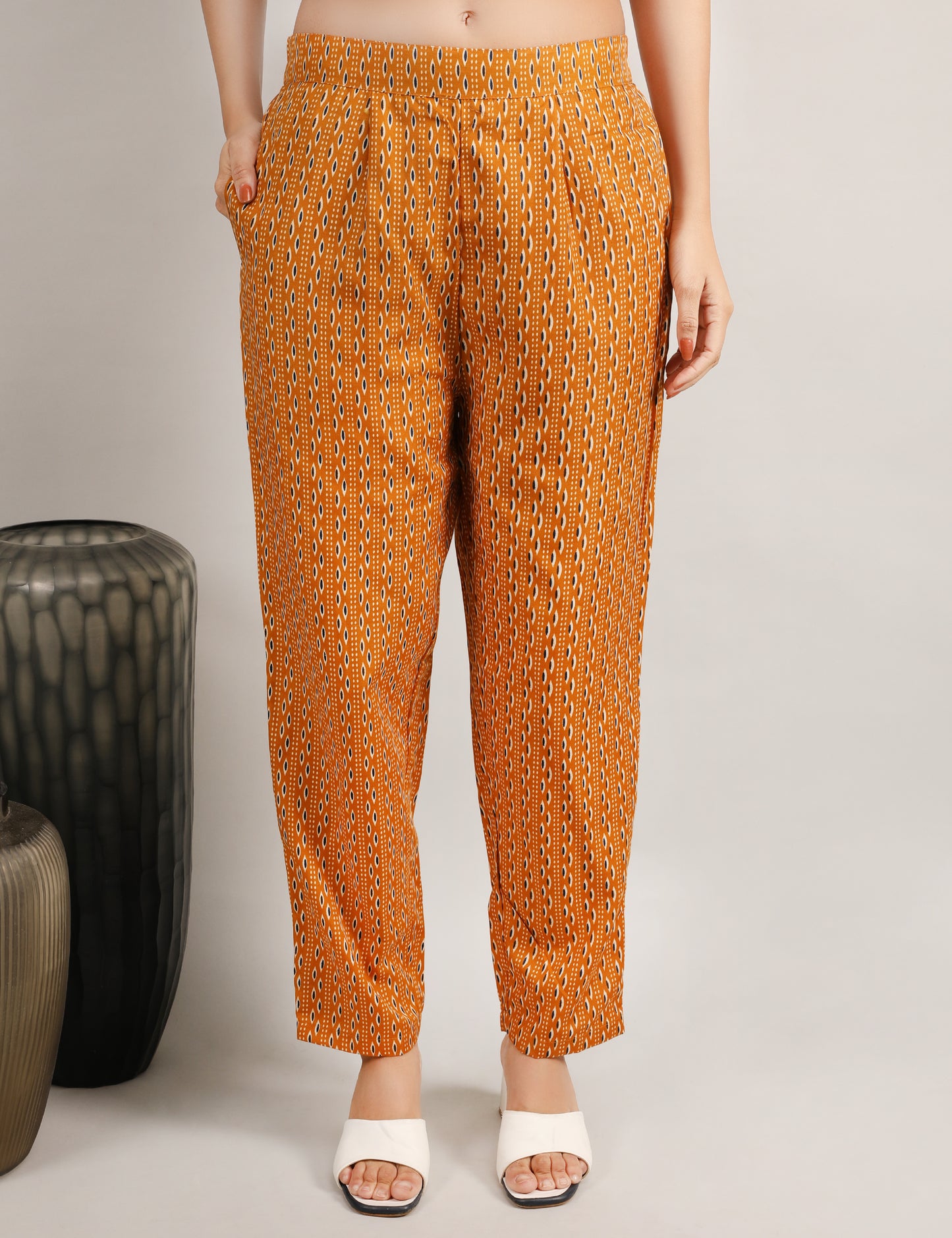 RUST YELLOW BLOCK PRINT COTTON STRAIGHT SUIT