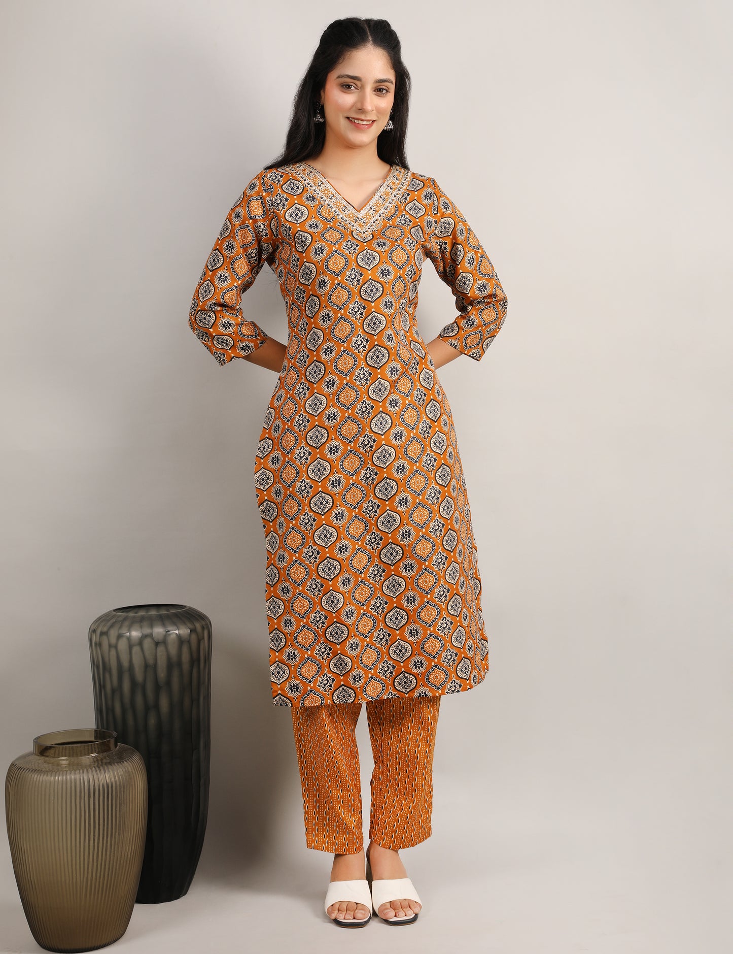 RUST YELLOW BLOCK PRINT COTTON STRAIGHT SUIT