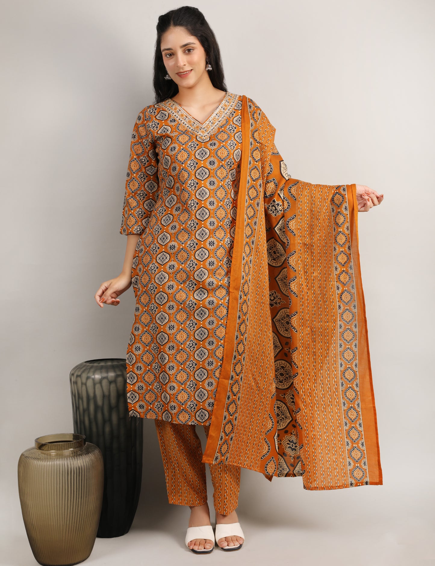 RUST YELLOW BLOCK PRINT COTTON STRAIGHT SUIT