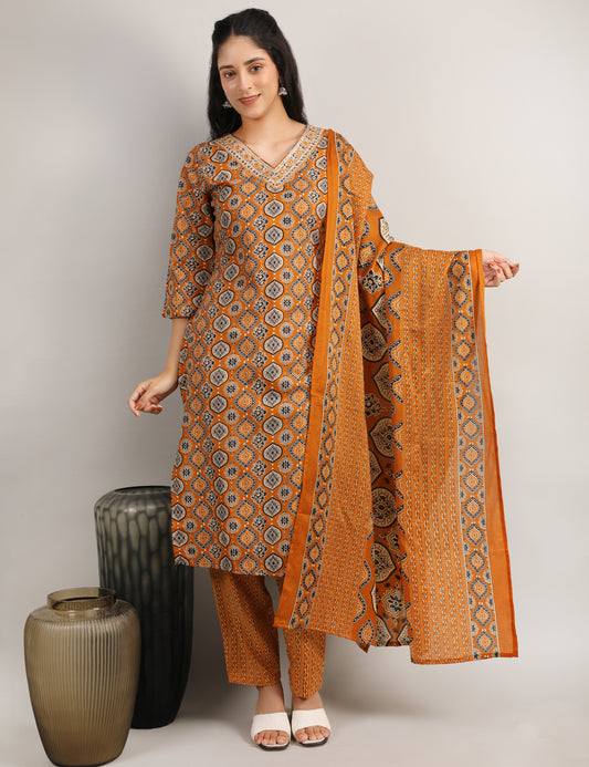 RUST YELLOW BLOCK PRINT COTTON STRAIGHT SUIT