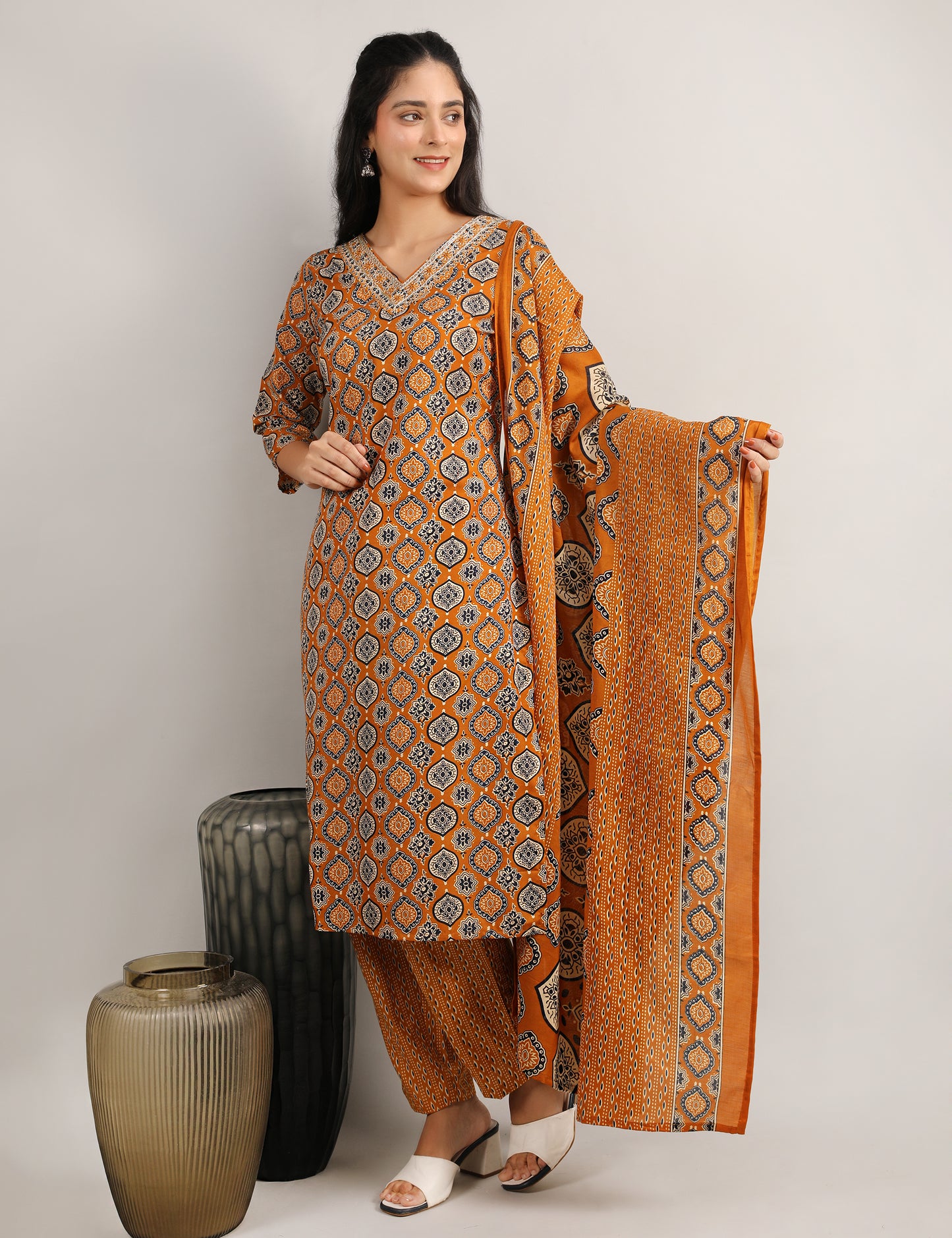 RUST YELLOW BLOCK PRINT COTTON STRAIGHT SUIT
