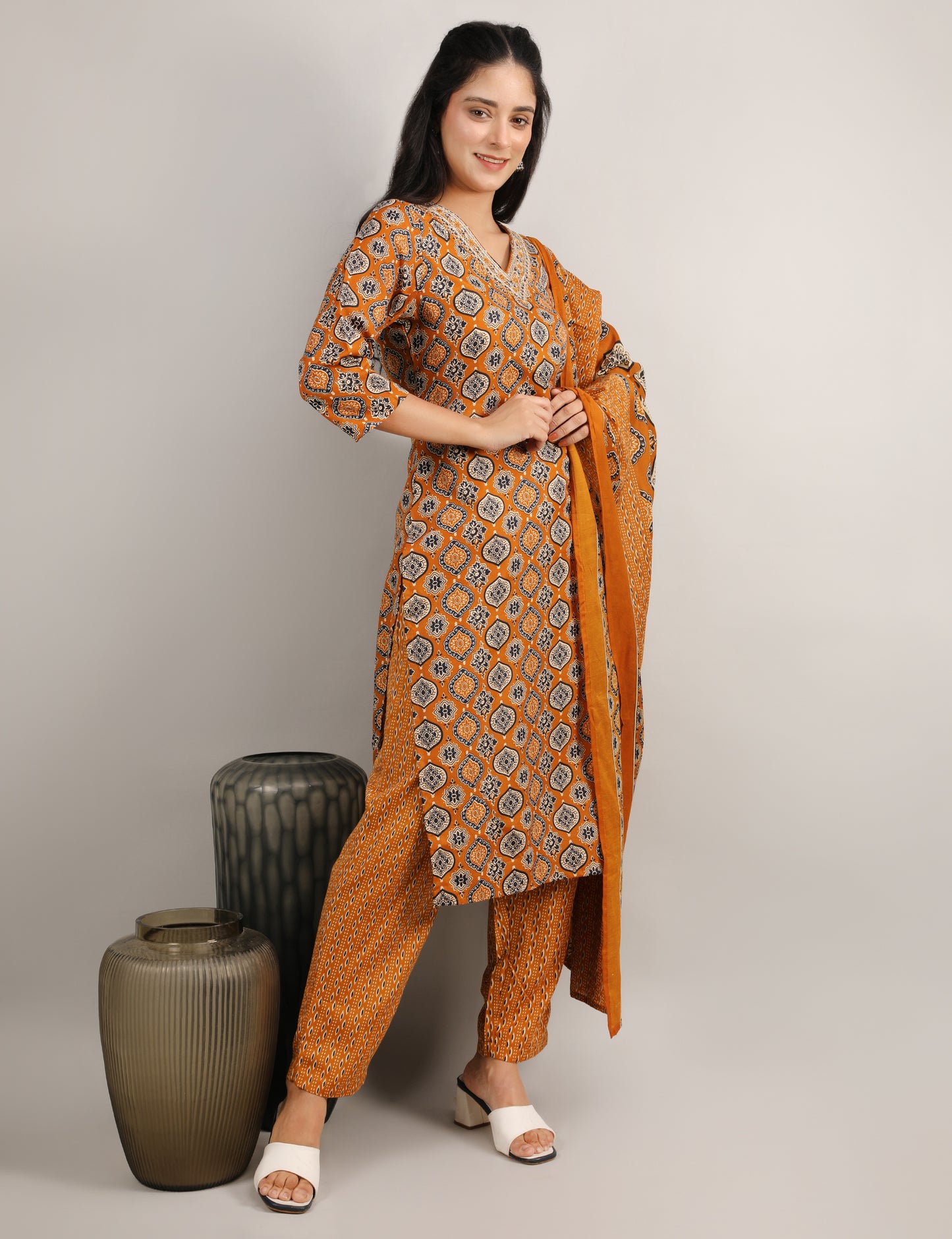 RUST YELLOW BLOCK PRINT COTTON STRAIGHT SUIT