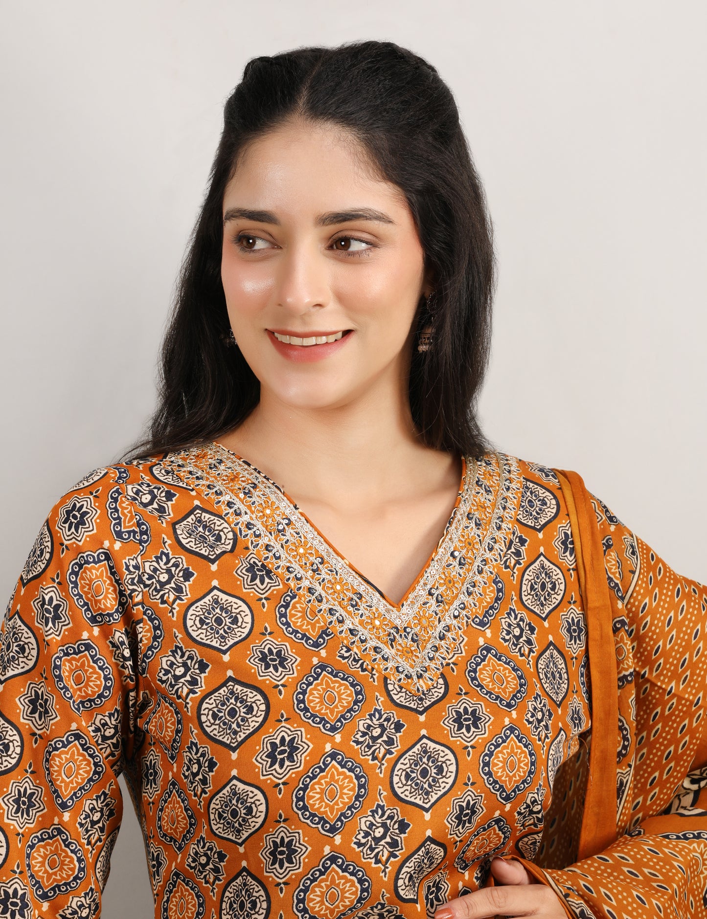 RUST YELLOW BLOCK PRINT COTTON STRAIGHT SUIT