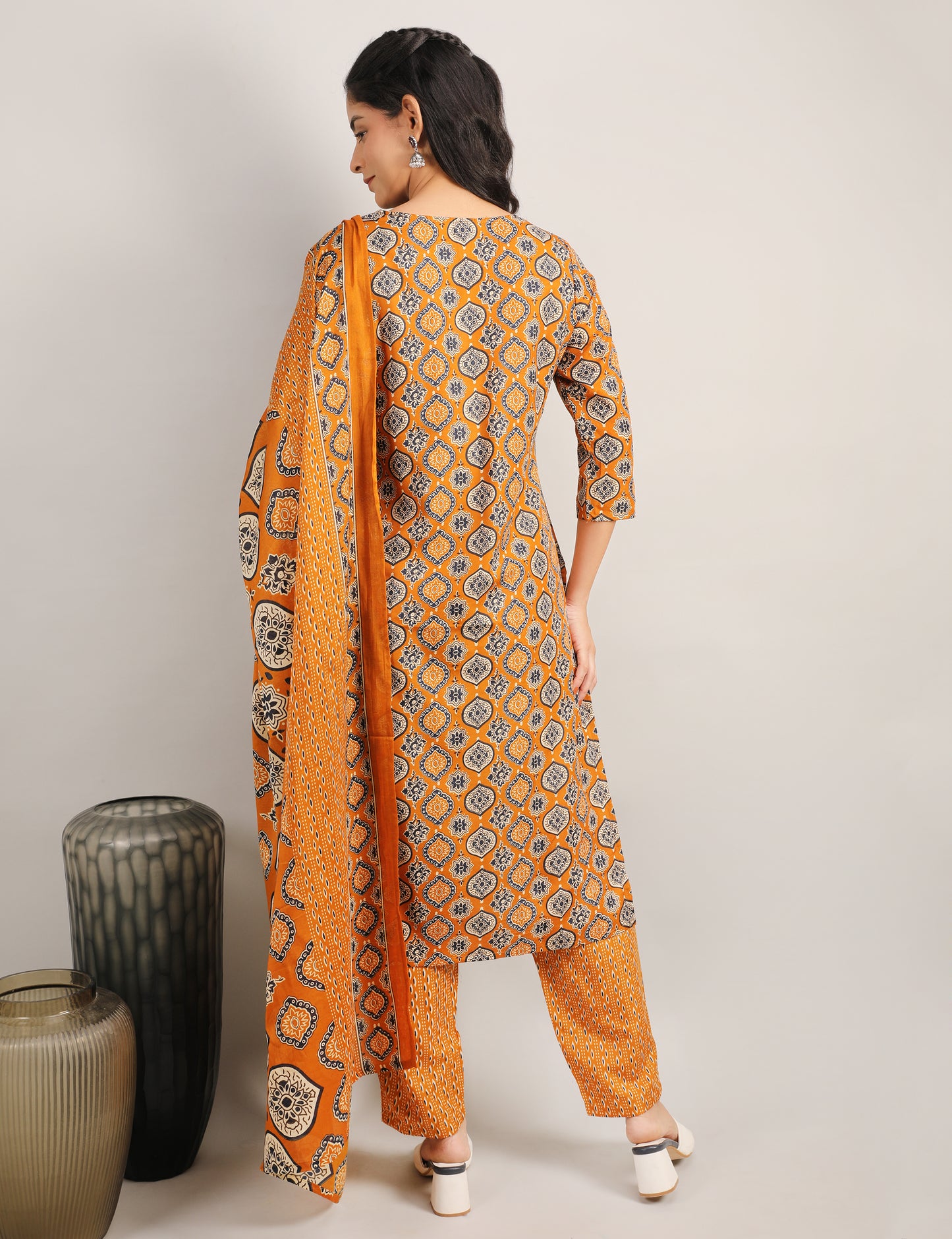 RUST YELLOW BLOCK PRINT COTTON STRAIGHT SUIT