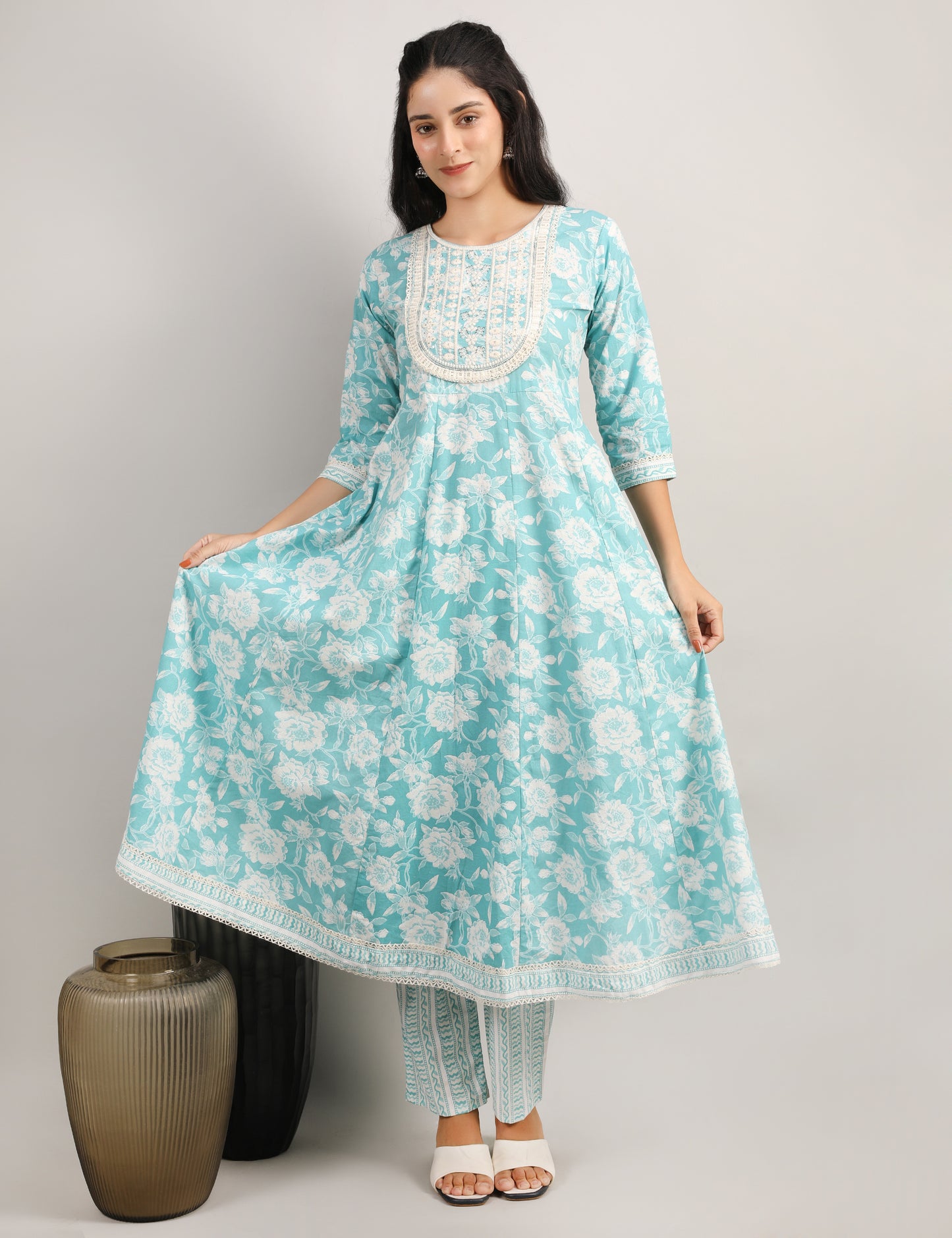 AQUA BLUE COTTON ANARKALI SUIT
