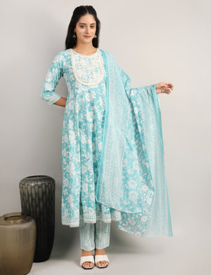 AQUA BLUE COTTON ANARKALI SUIT
