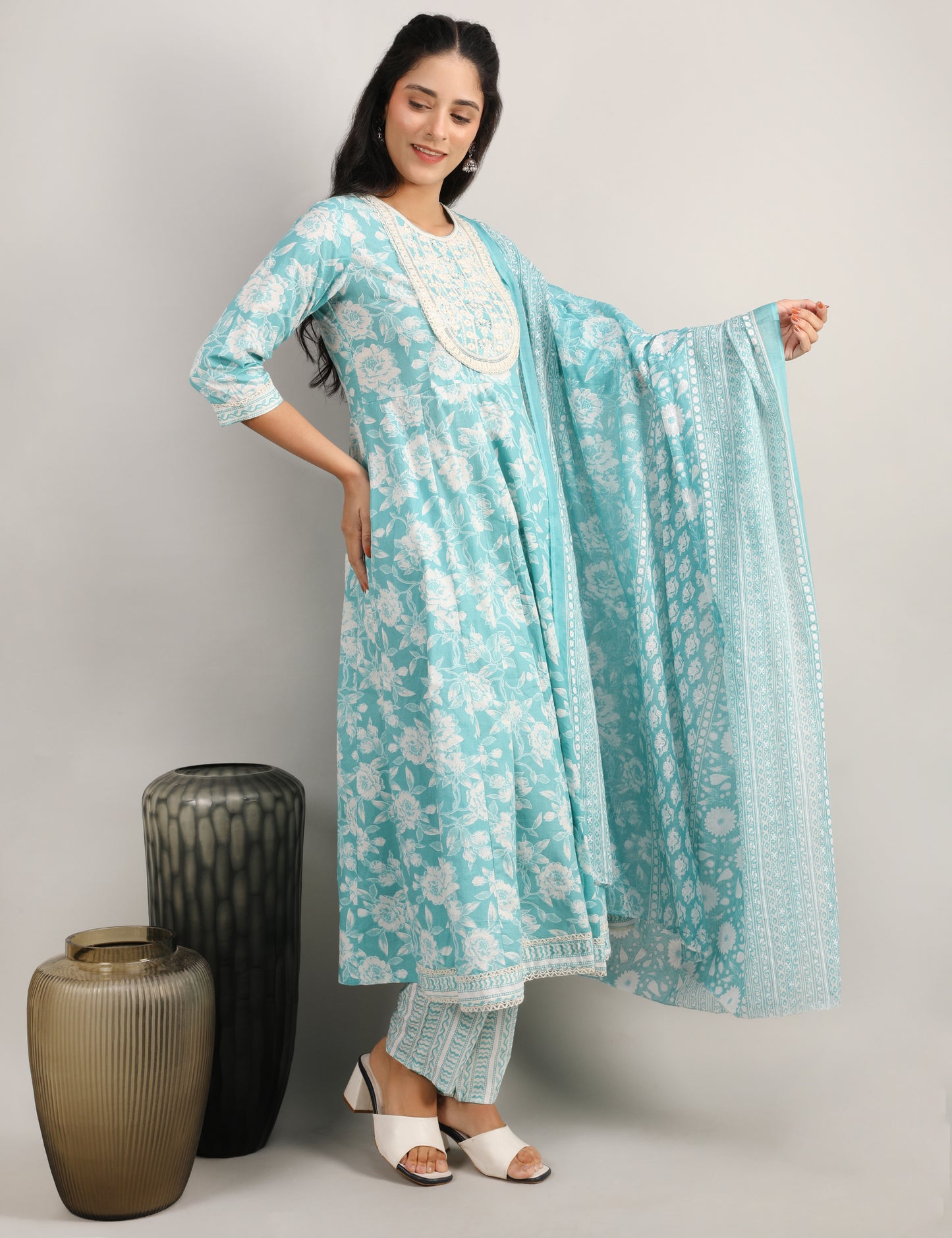 AQUA BLUE COTTON ANARKALI SUIT