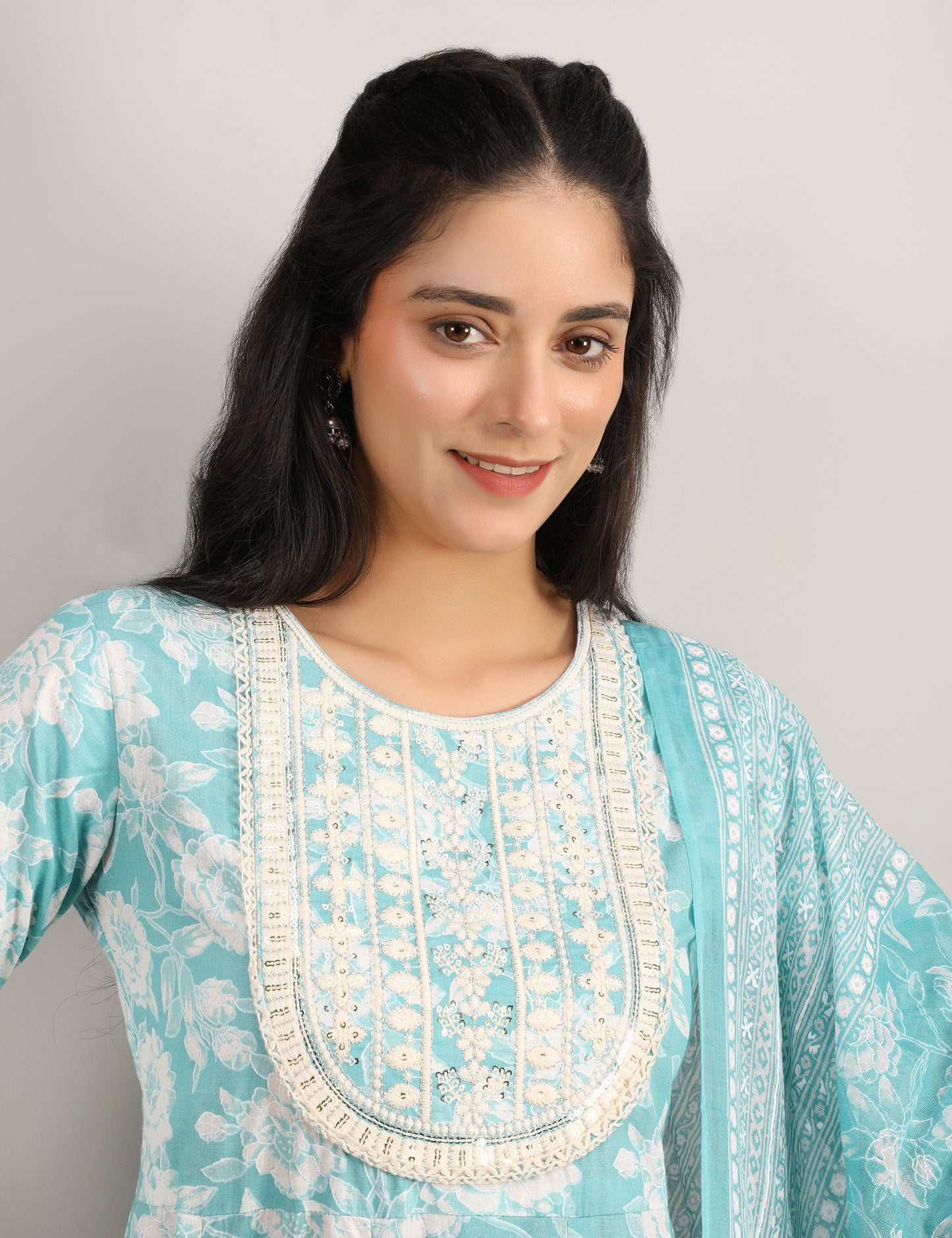 AQUA BLUE COTTON ANARKALI SUIT