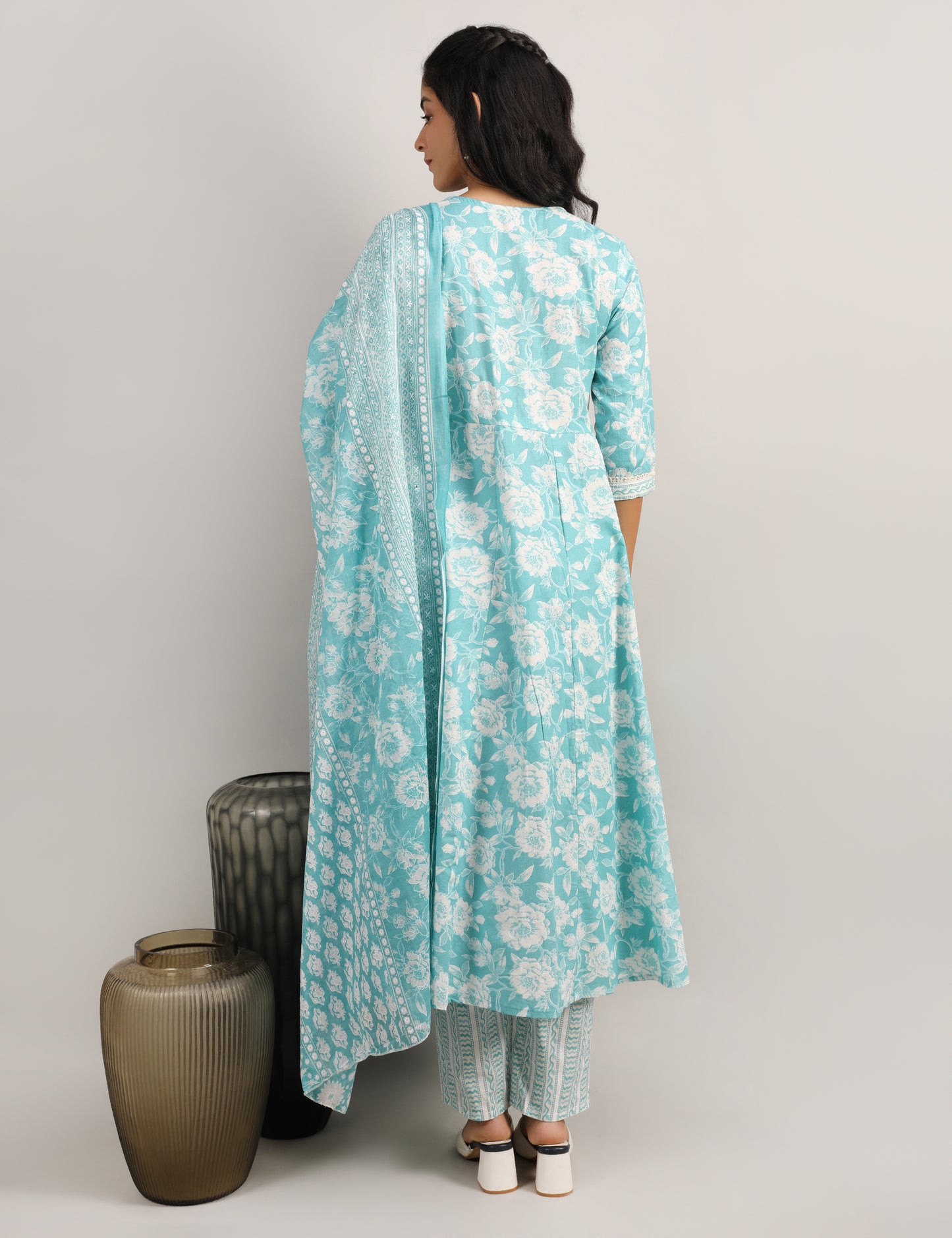 AQUA BLUE COTTON ANARKALI SUIT