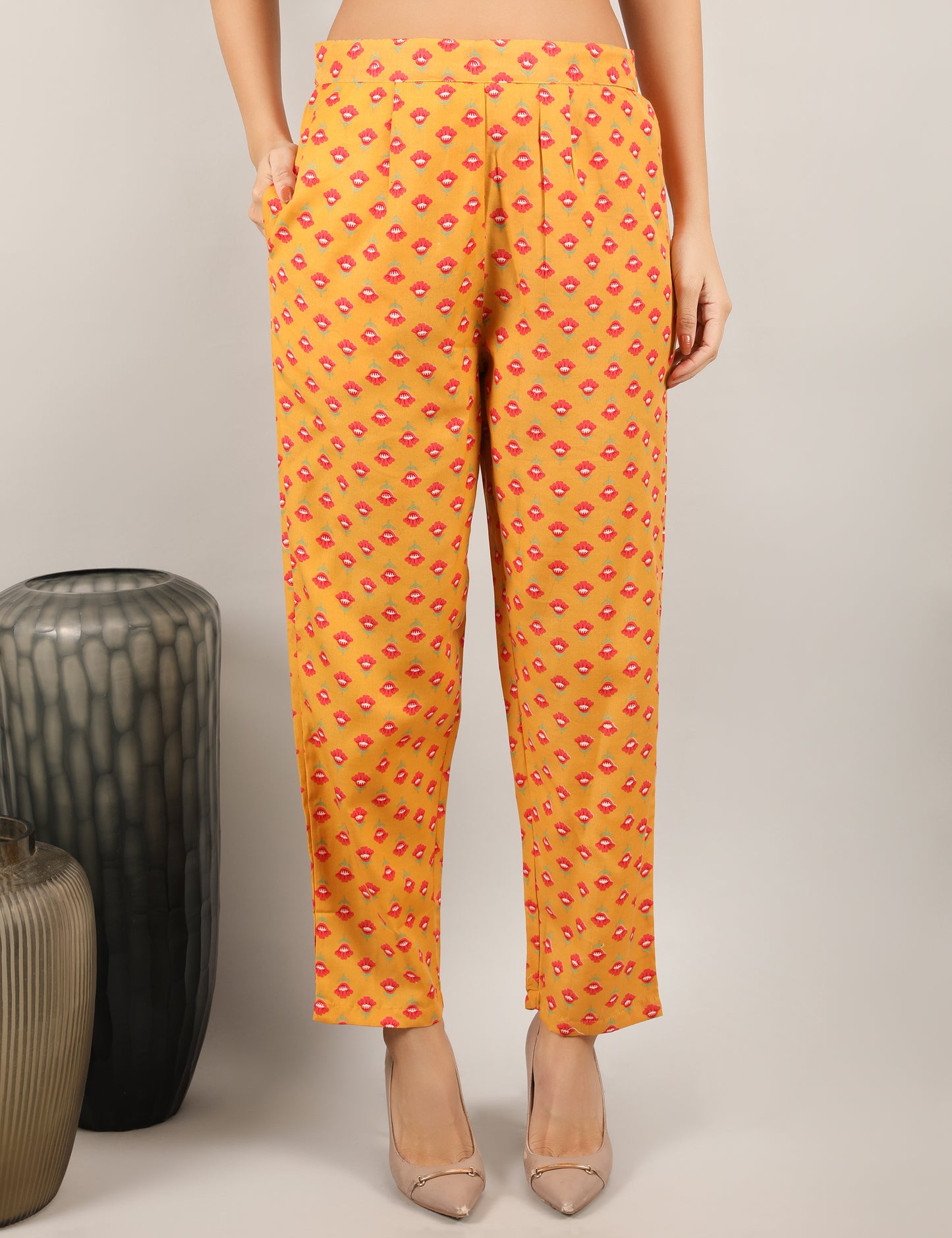 MUSTARD YELLOW COTTON PRINT STRAIGHT SUIT