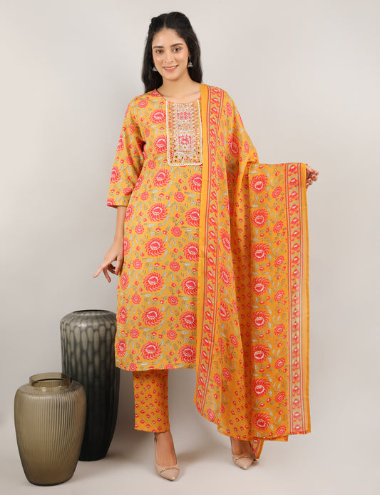 MUSTARD YELLOW COTTON PRINT STRAIGHT SUIT