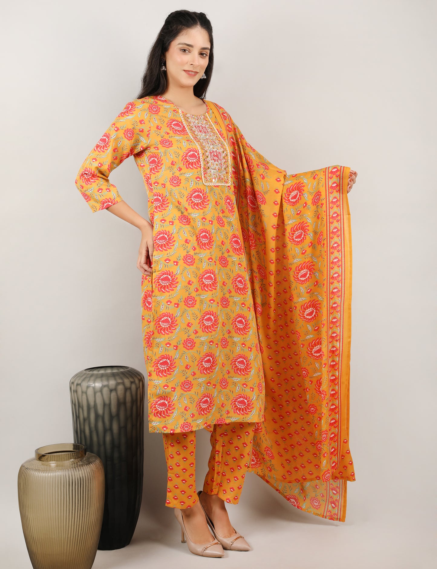 MUSTARD YELLOW COTTON PRINT STRAIGHT SUIT