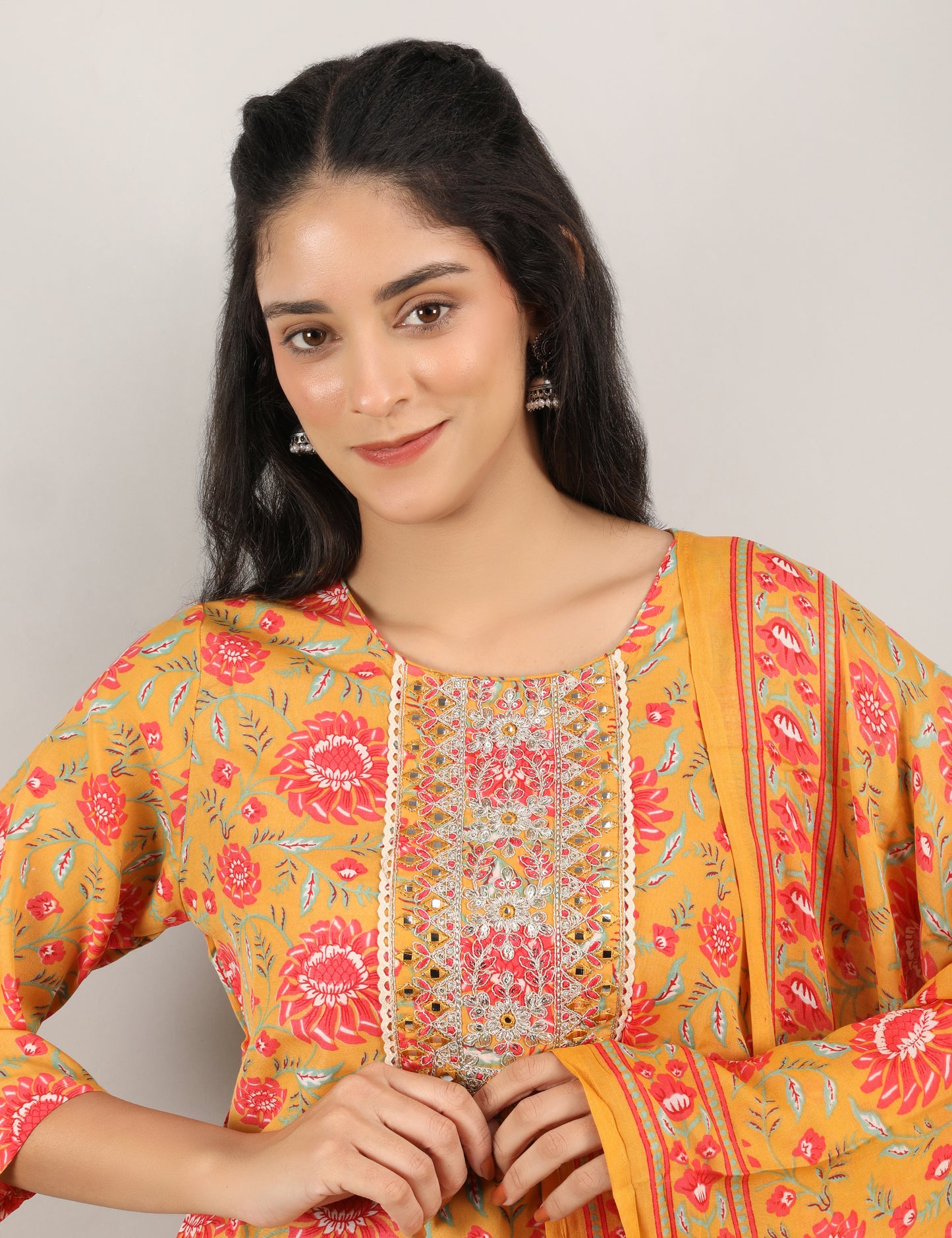 MUSTARD YELLOW COTTON PRINT STRAIGHT SUIT