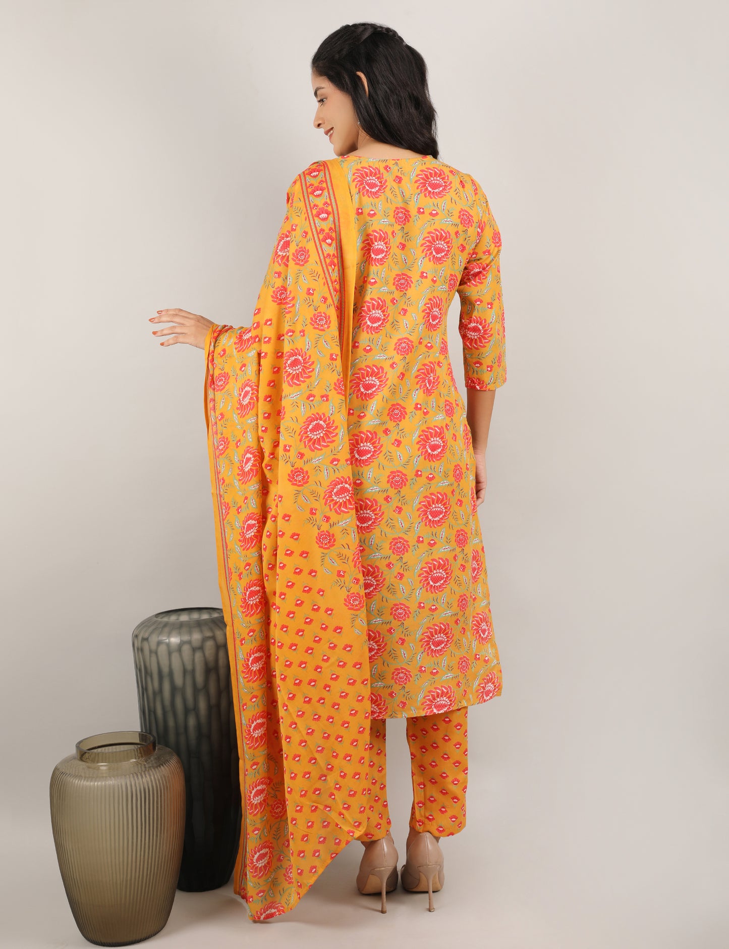 MUSTARD YELLOW COTTON PRINT STRAIGHT SUIT