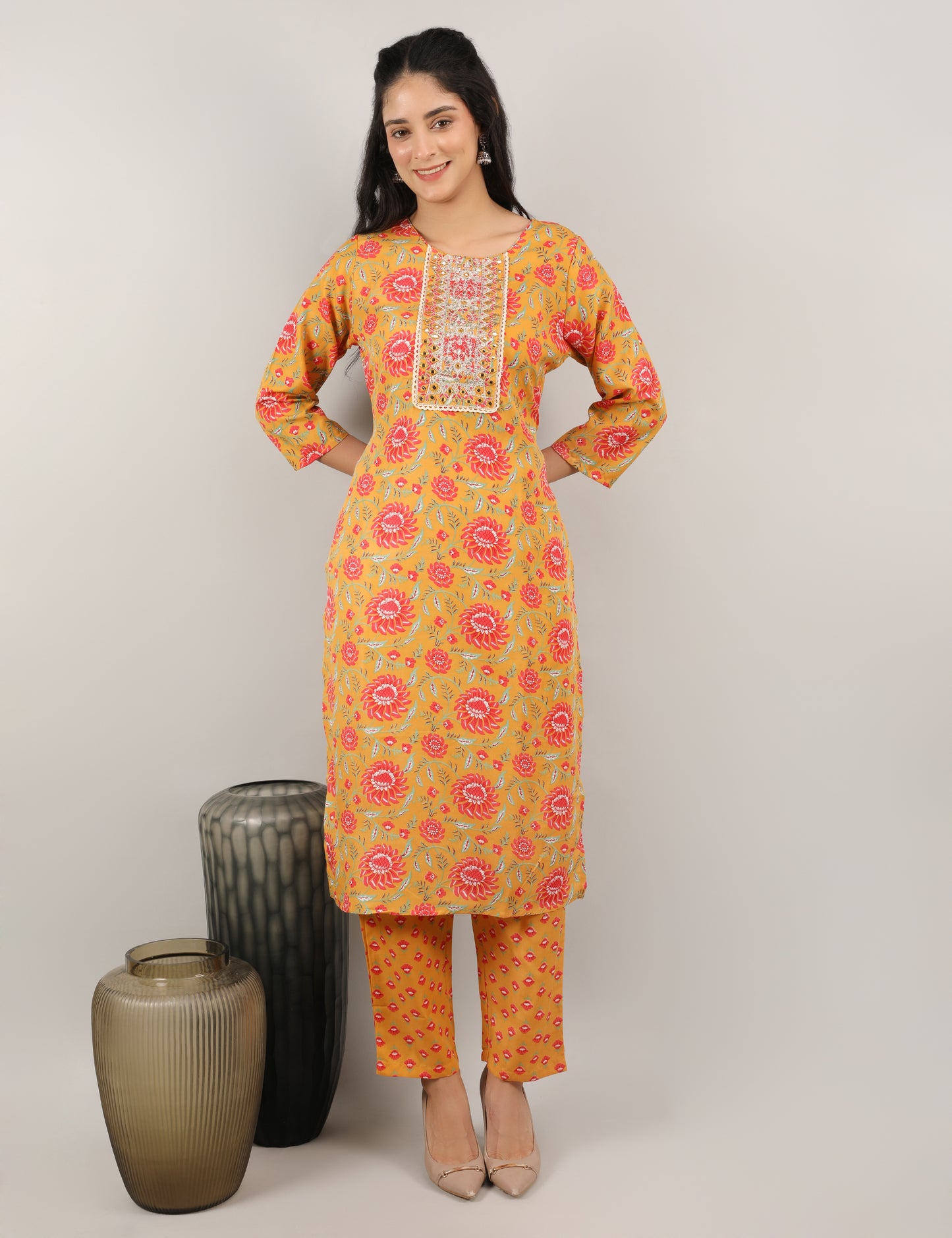 MUSTARD YELLOW COTTON PRINT STRAIGHT SUIT