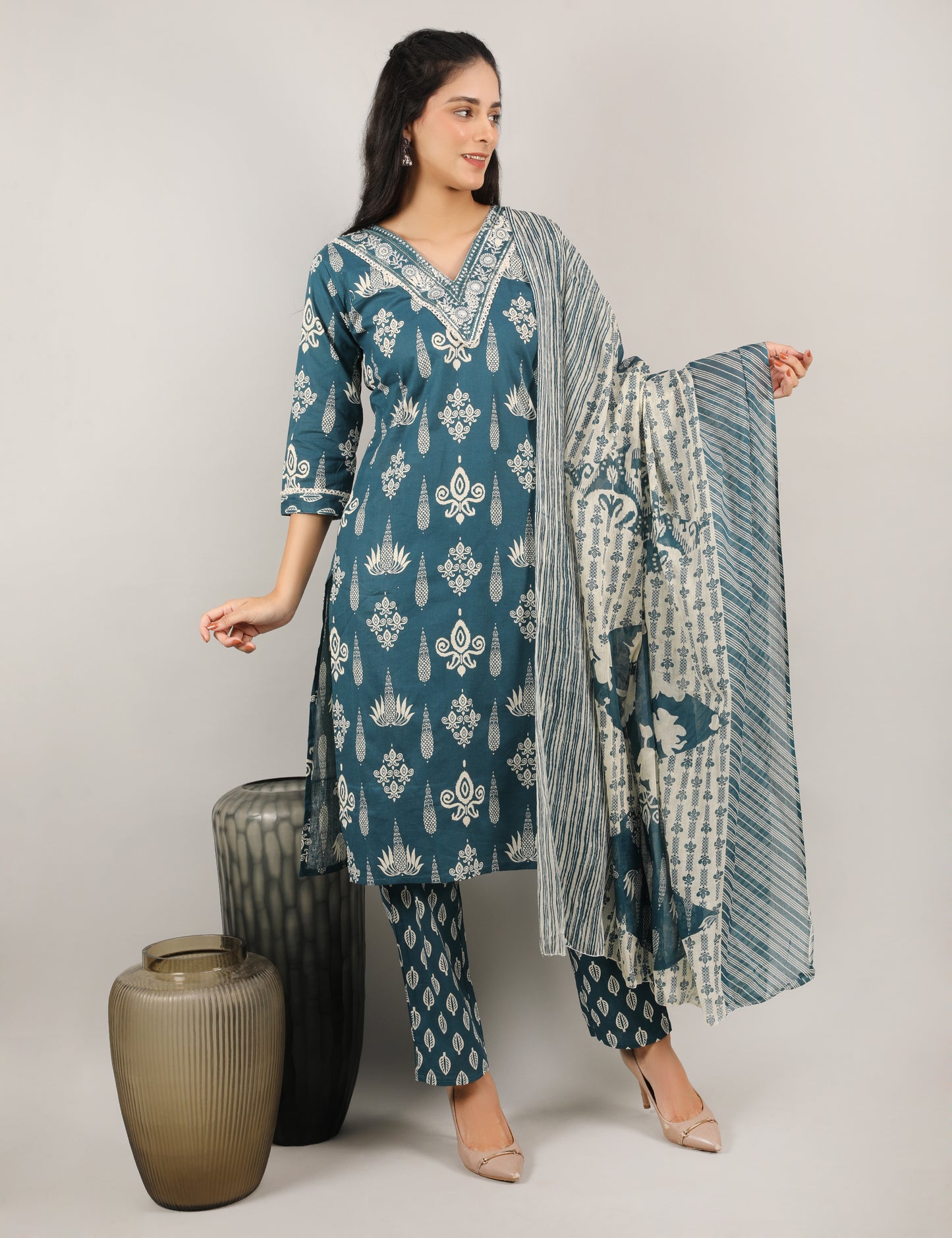 PEOCOCK BLUE COTTON PRINT STARAIGHT SUIT WITH DUPATTA