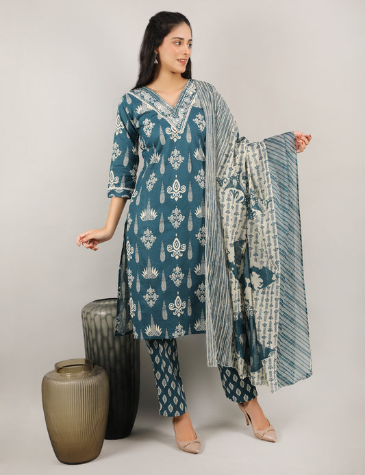 PEOCOCK BLUE COTTON PRINT STARAIGHT SUIT WITH DUPATTA
