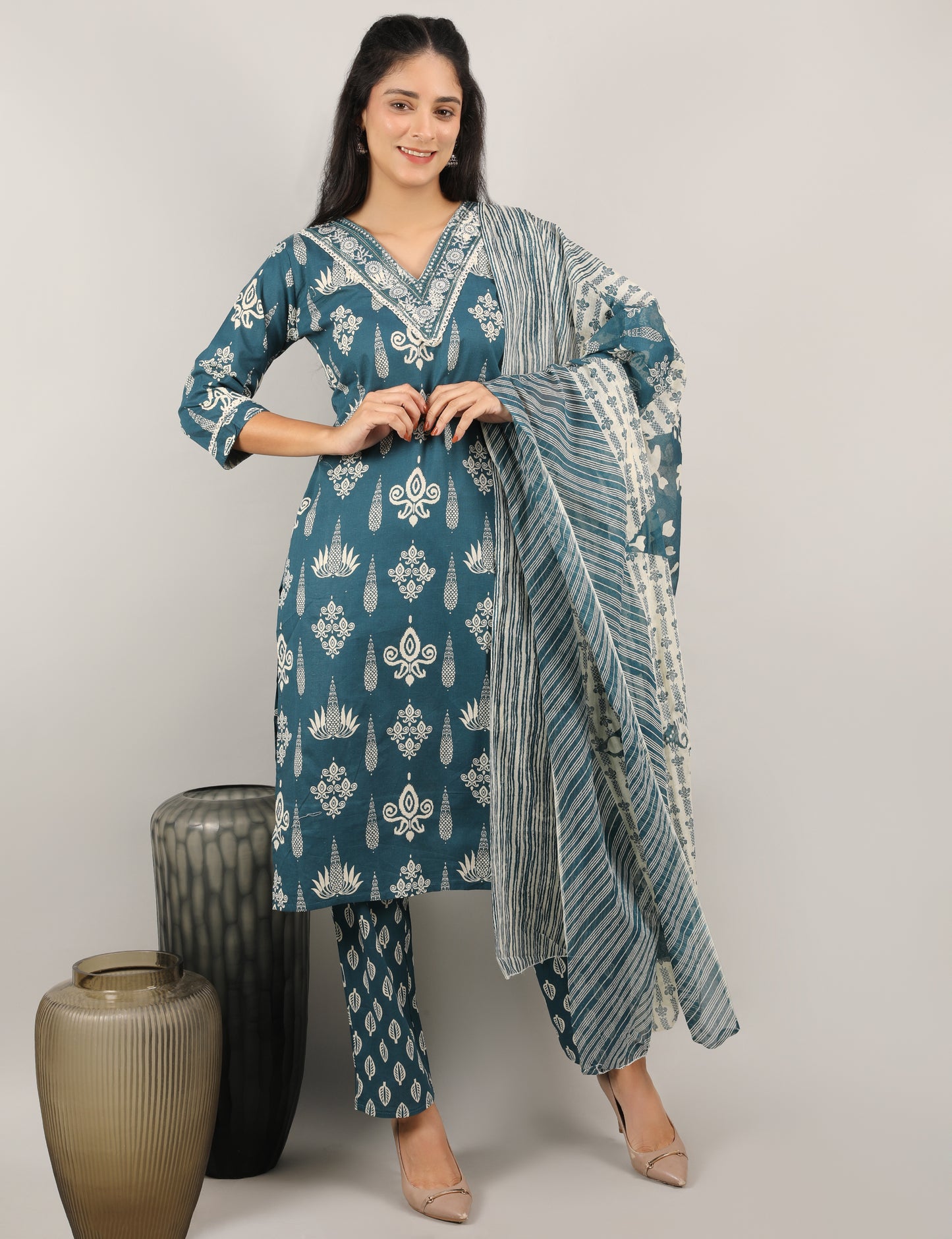 PEOCOCK BLUE COTTON PRINT STARAIGHT SUIT WITH DUPATTA