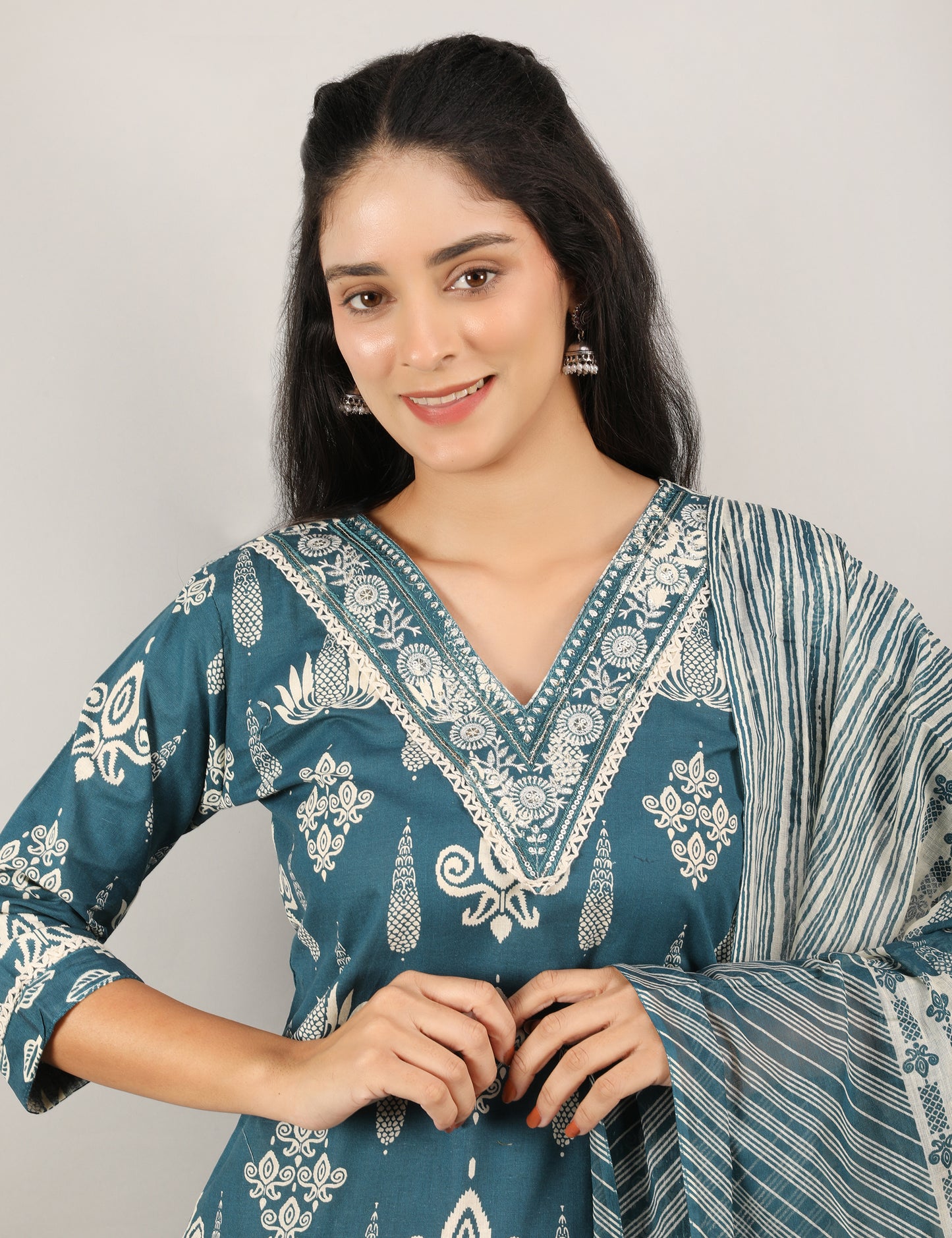 PEOCOCK BLUE COTTON PRINT STARAIGHT SUIT WITH DUPATTA
