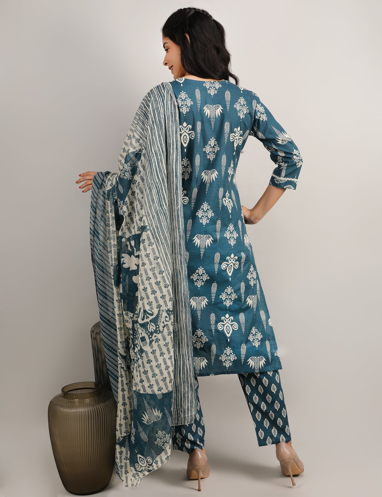 PEOCOCK BLUE COTTON PRINT STARAIGHT SUIT WITH DUPATTA