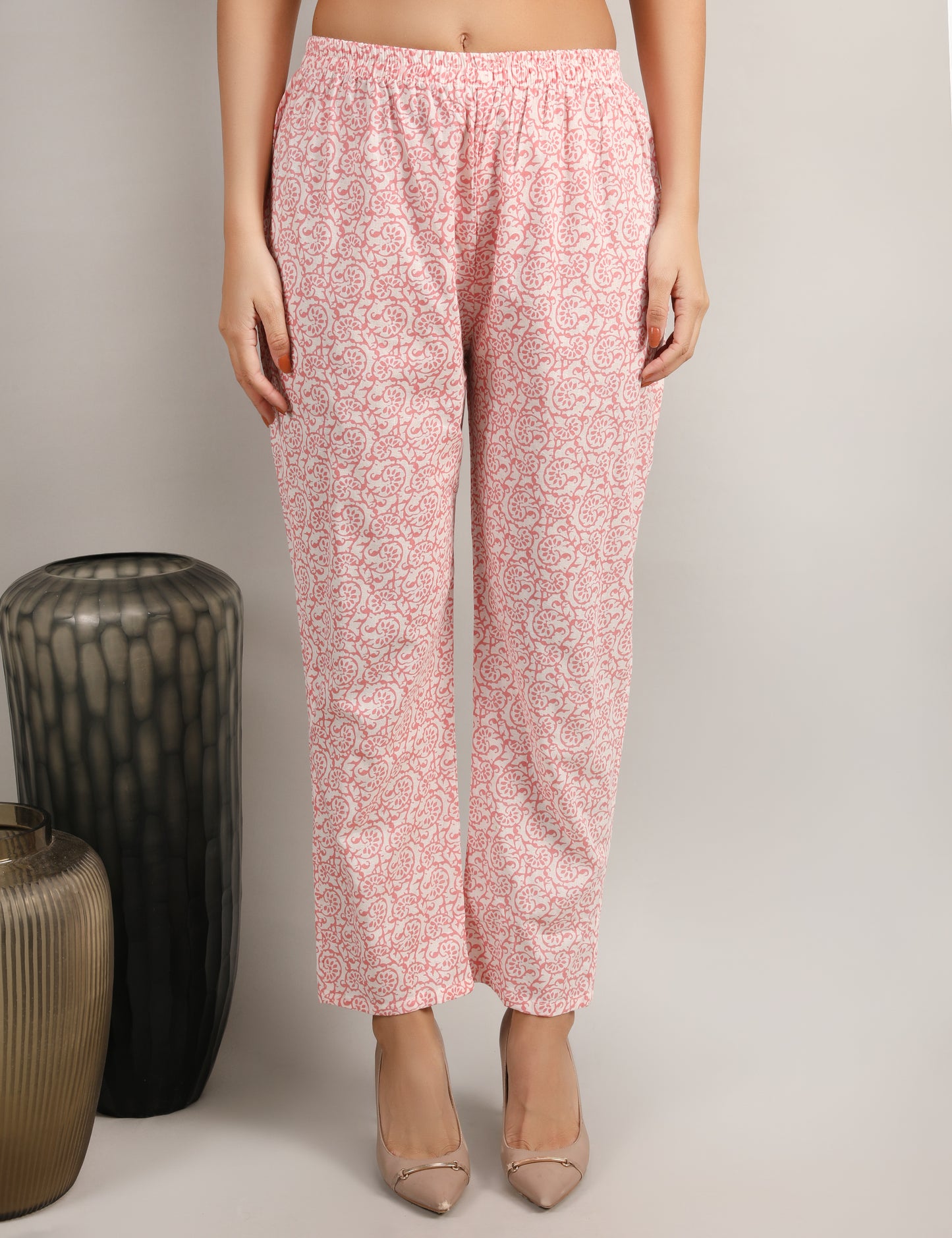 PEACH PINK COTTON PRINT ANARKALI SUIT