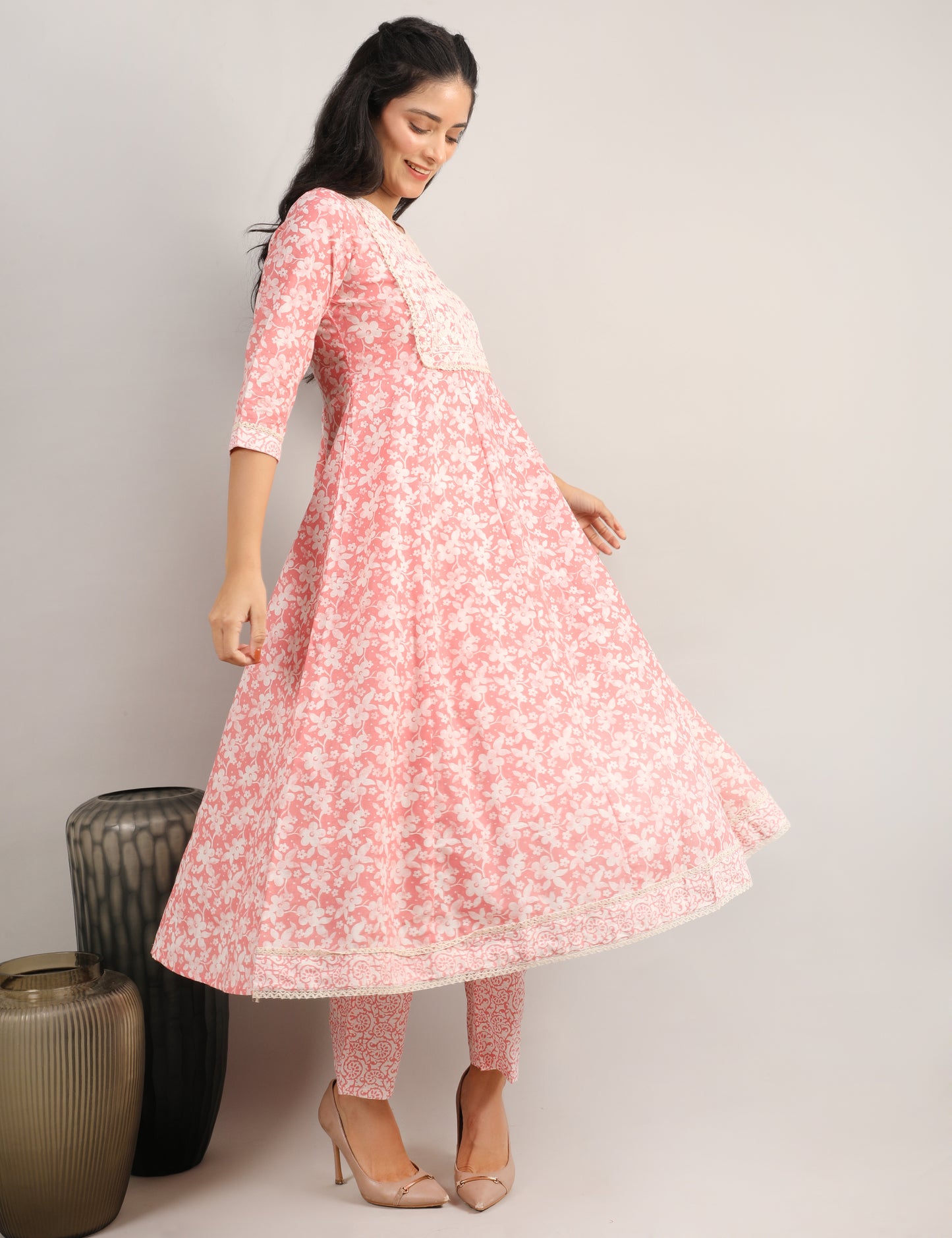 PEACH PINK COTTON PRINT ANARKALI SUIT