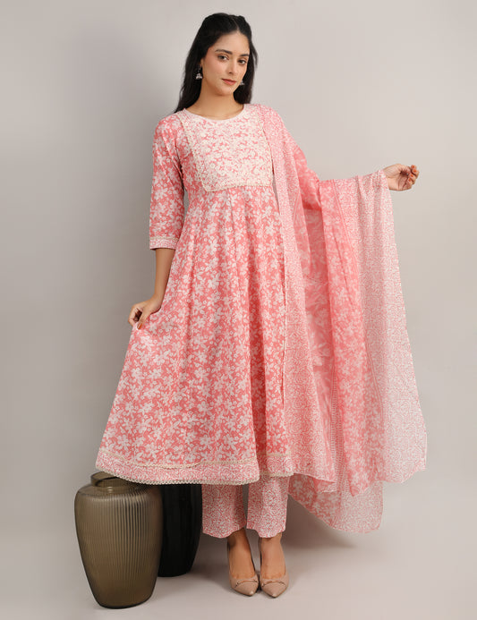 PEACH PINK COTTON PRINT ANARKALI SUIT