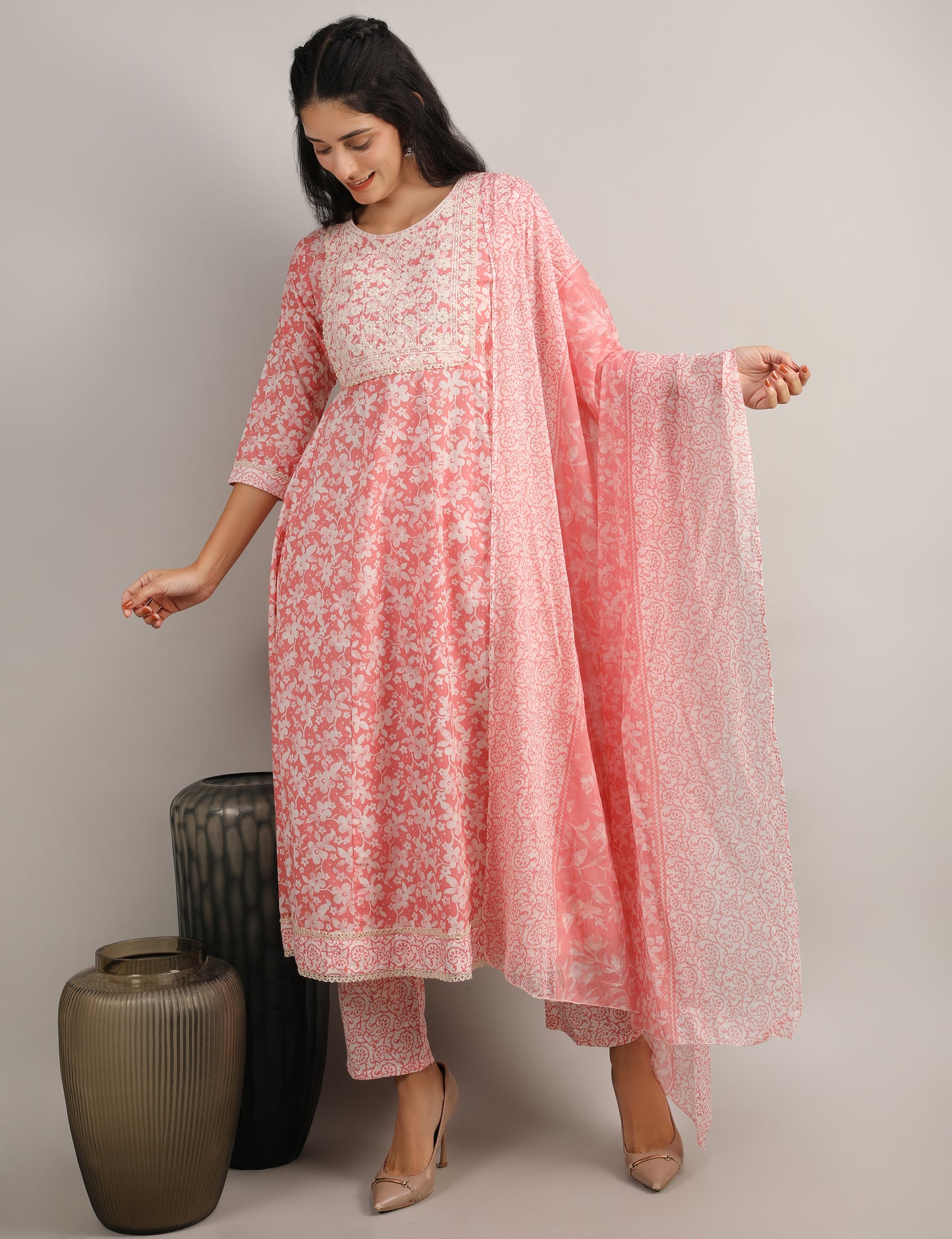 PEACH PINK COTTON PRINT ANARKALI SUIT