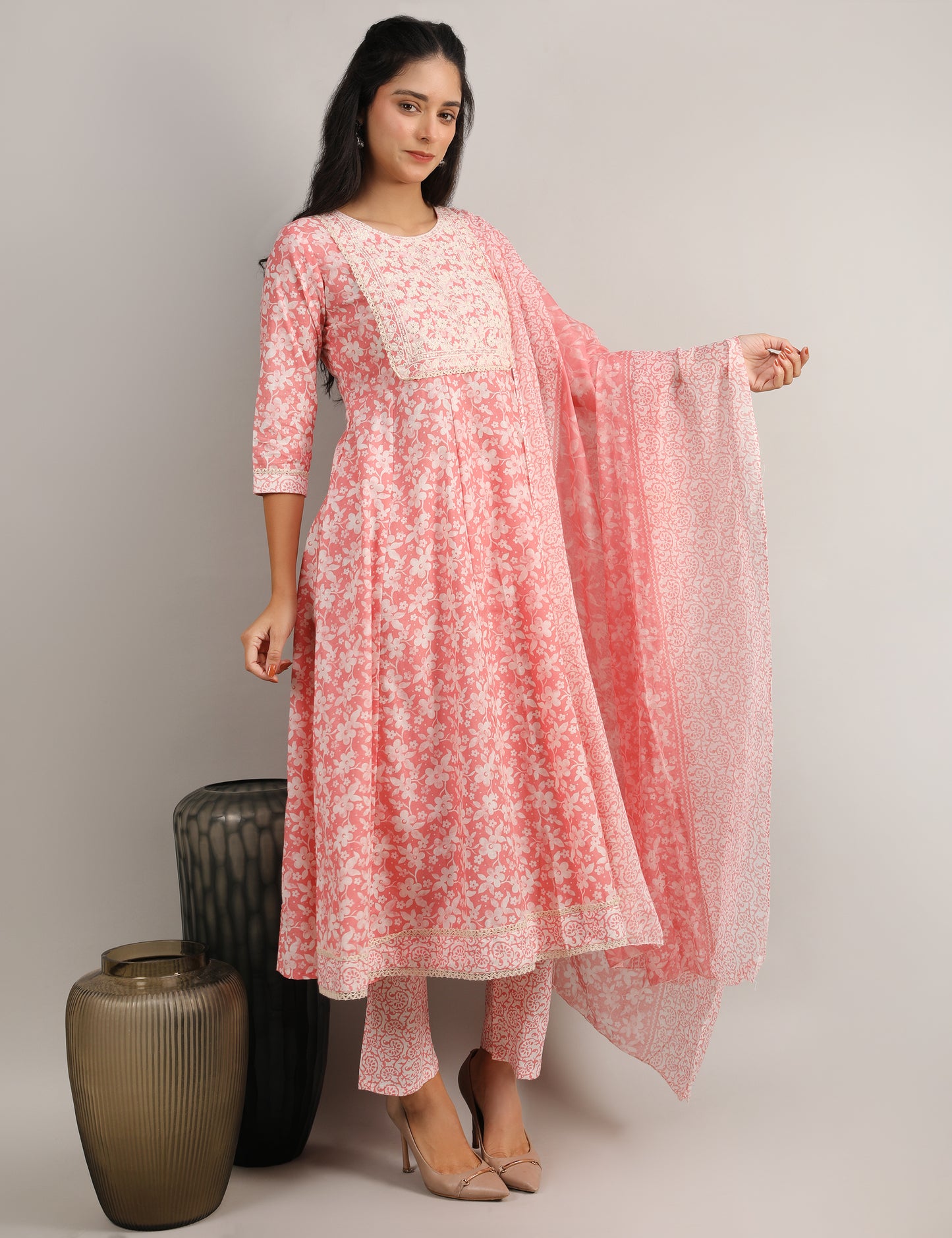 PEACH PINK COTTON PRINT ANARKALI SUIT