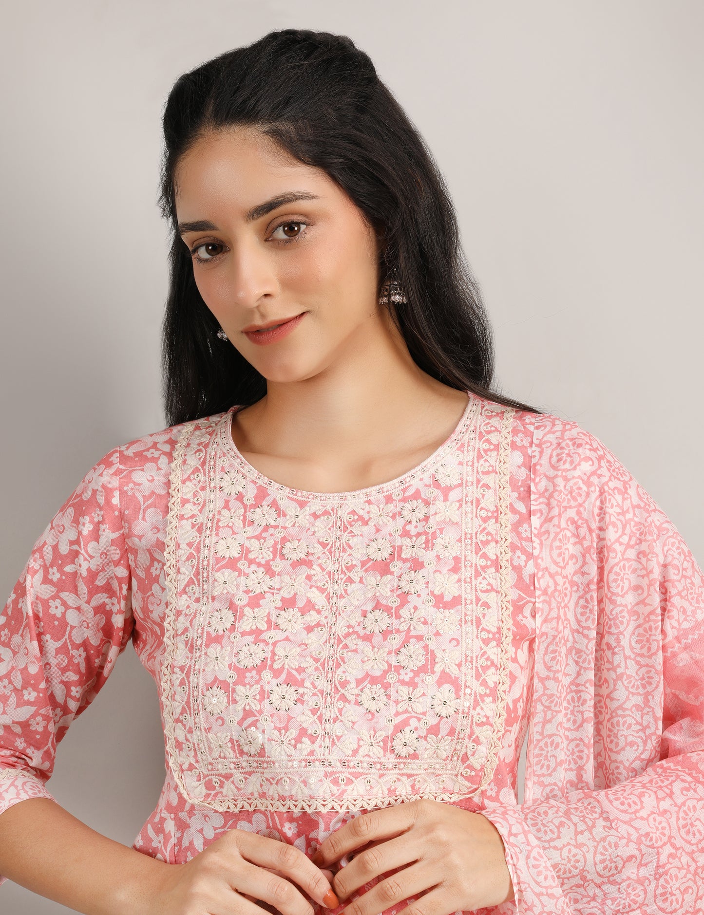 PEACH PINK COTTON PRINT ANARKALI SUIT