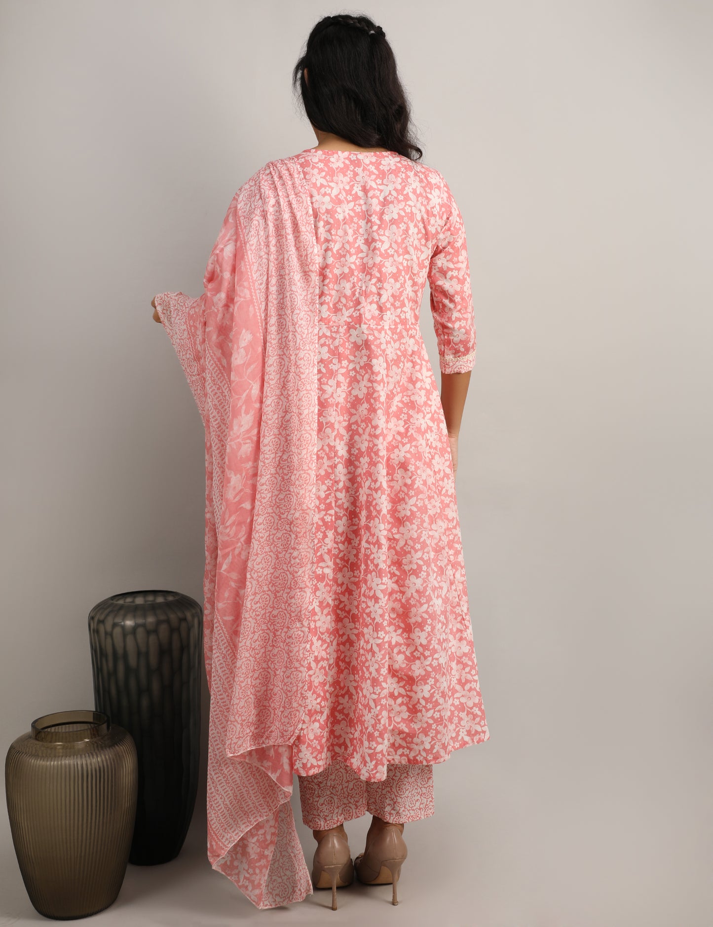 PEACH PINK COTTON PRINT ANARKALI SUIT