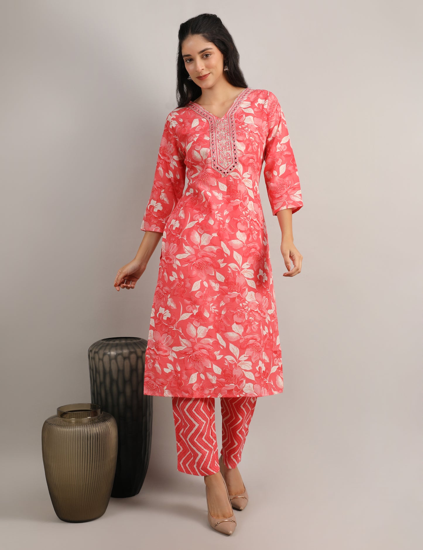 CARROT COLOUR COTTON PRINT STRAIGHT SUIT