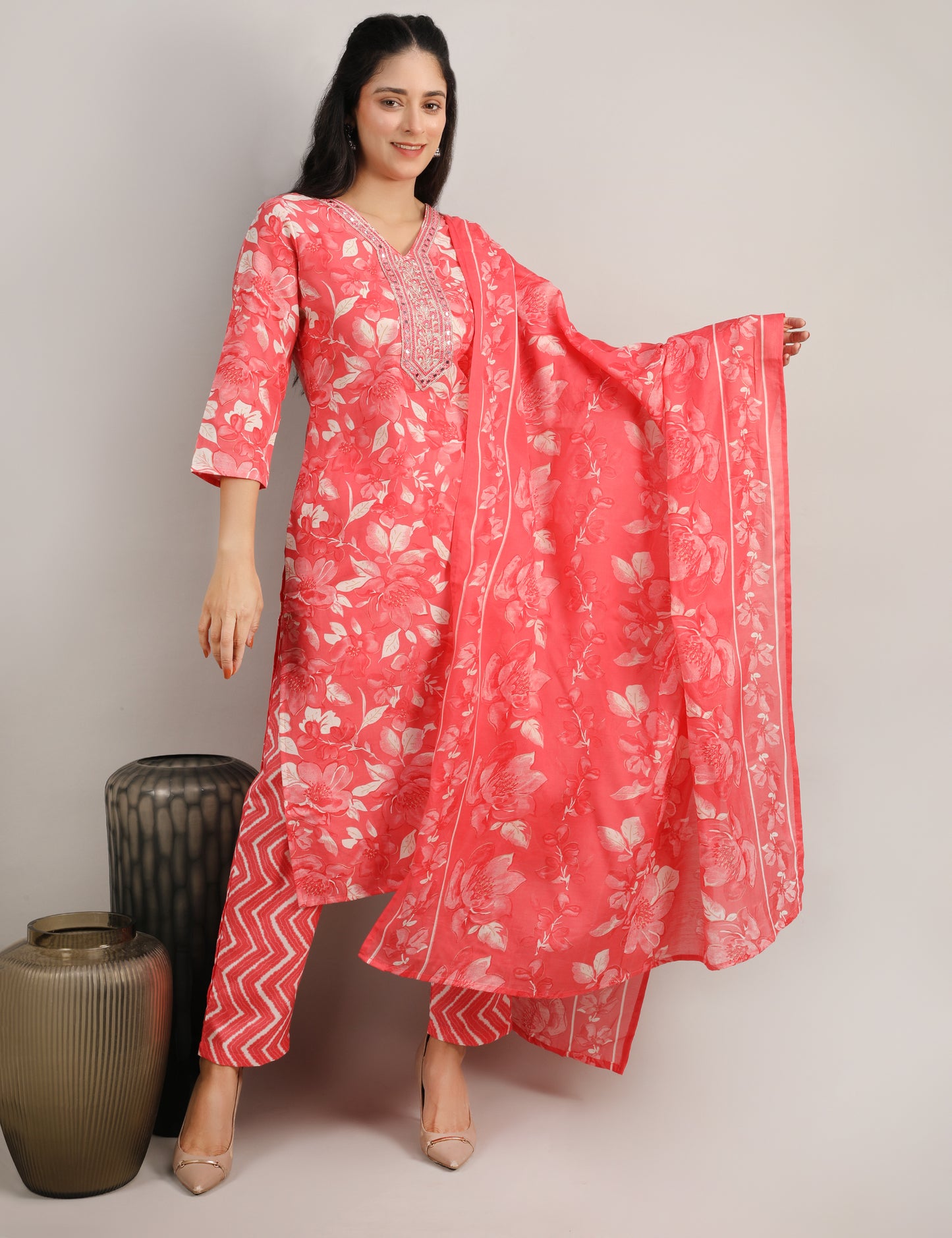 CARROT COLOUR COTTON PRINT STRAIGHT SUIT