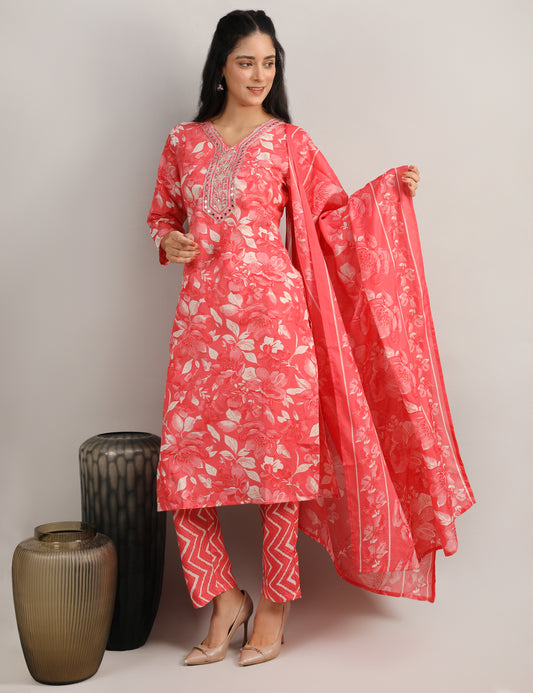 CARROT COLOUR COTTON PRINT STRAIGHT SUIT