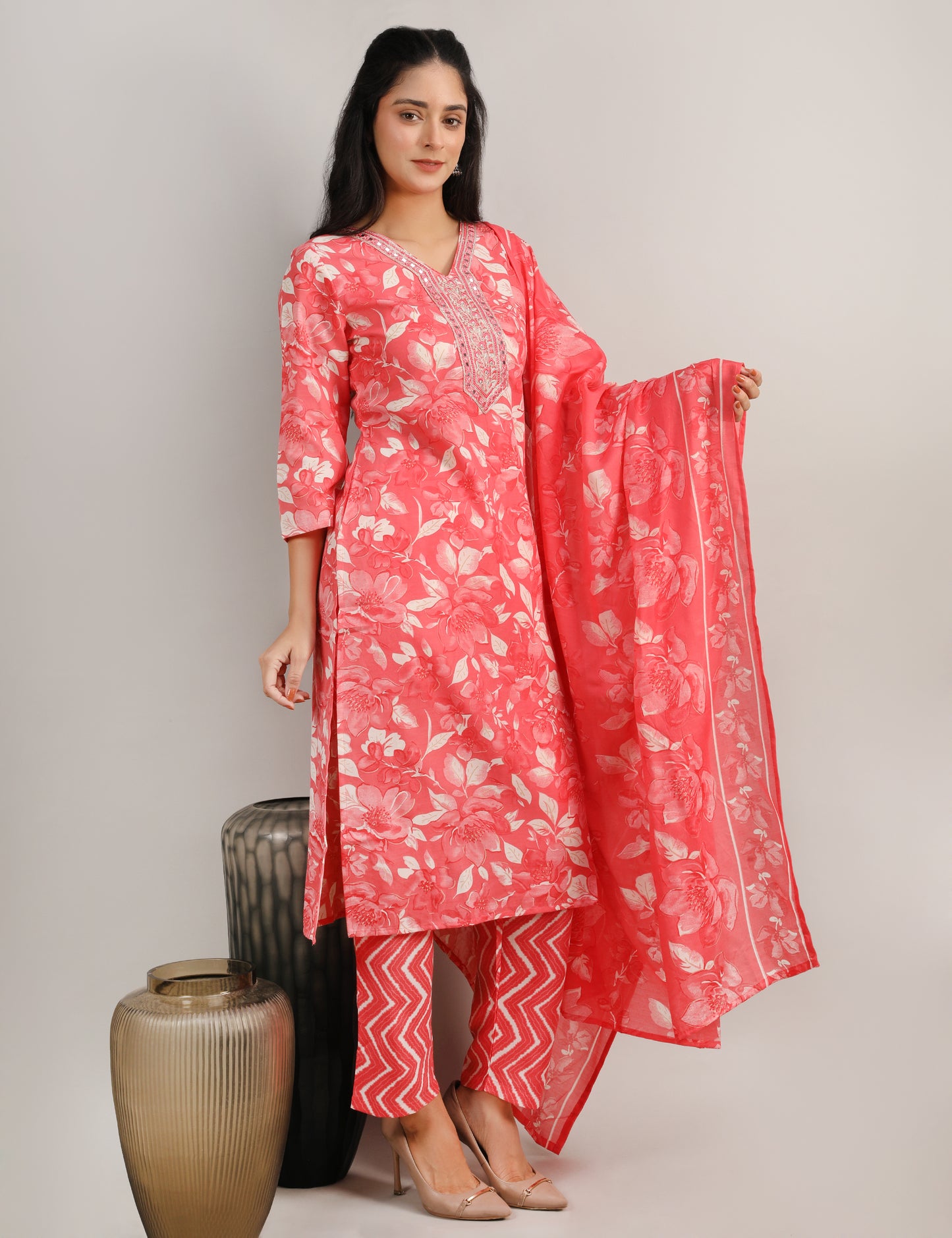 CARROT COLOUR COTTON PRINT STRAIGHT SUIT