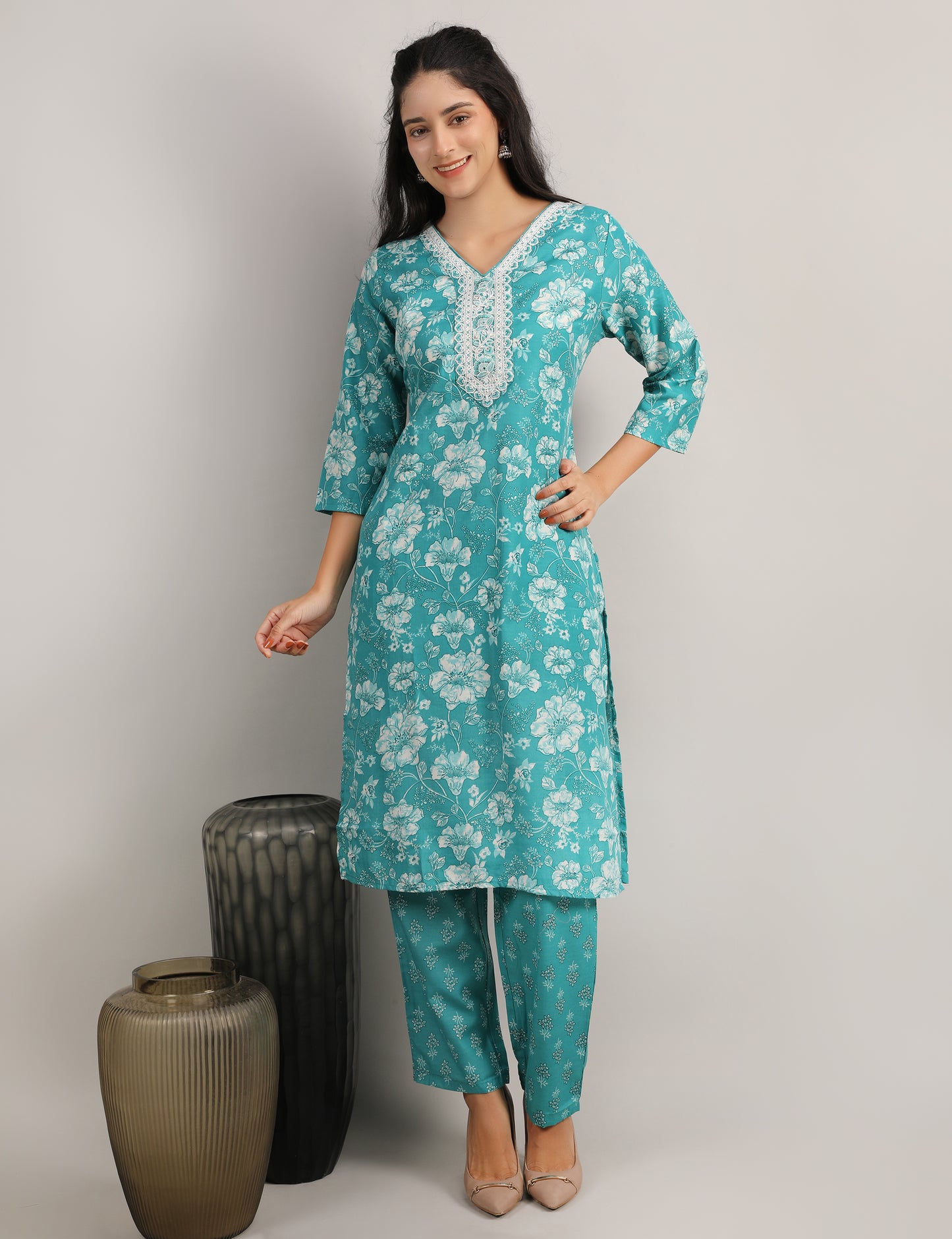 TURQUOISE GREEN COTTON STARIGHT SUIT