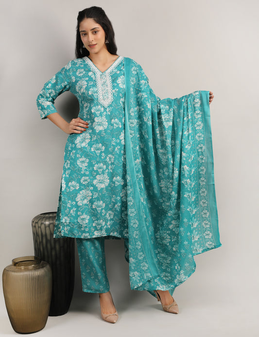 TURQUOISE GREEN COTTON STARIGHT SUIT