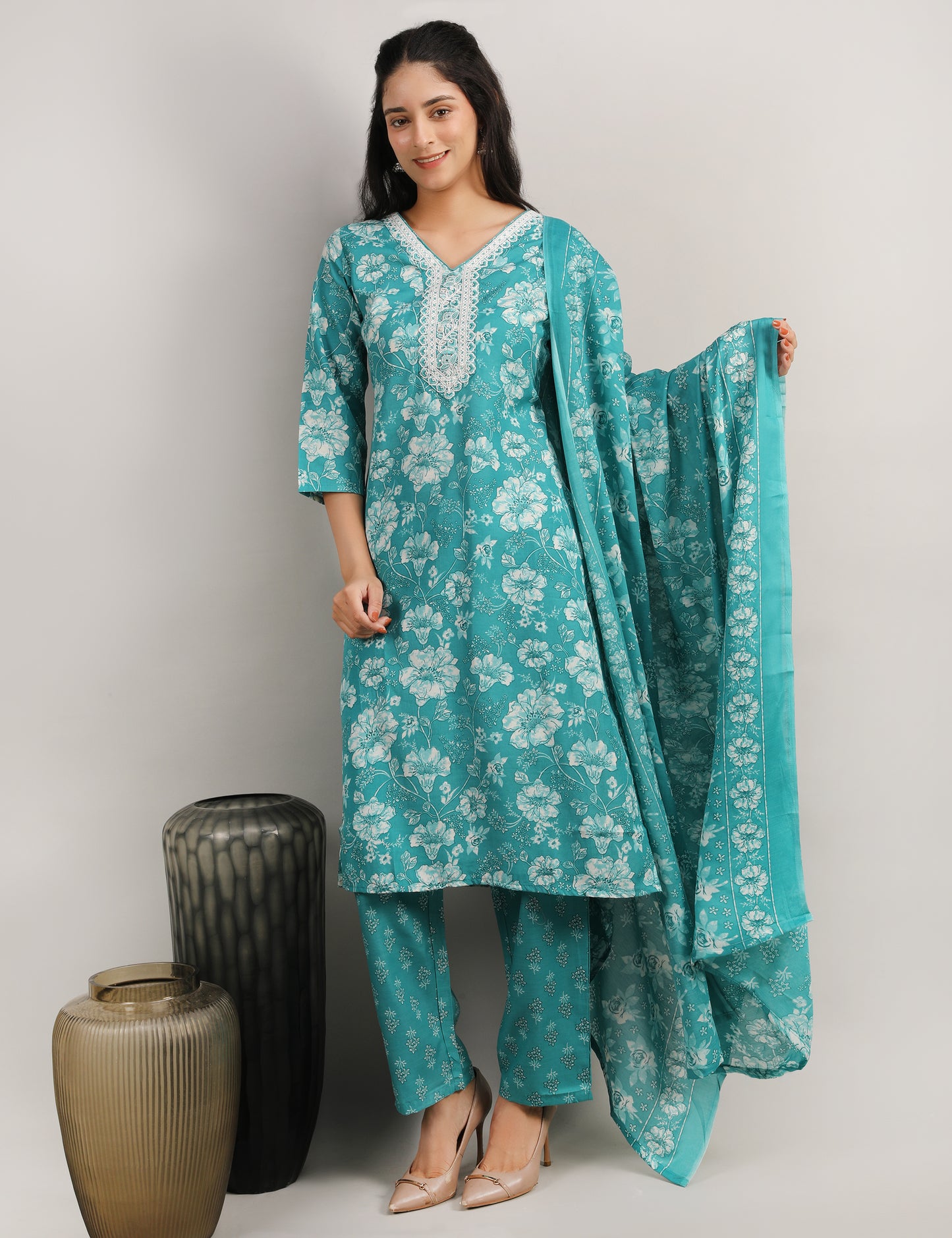 TURQUOISE GREEN COTTON STARIGHT SUIT