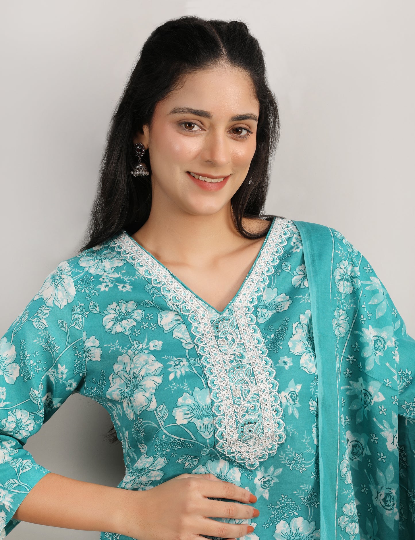 TURQUOISE GREEN COTTON STARIGHT SUIT